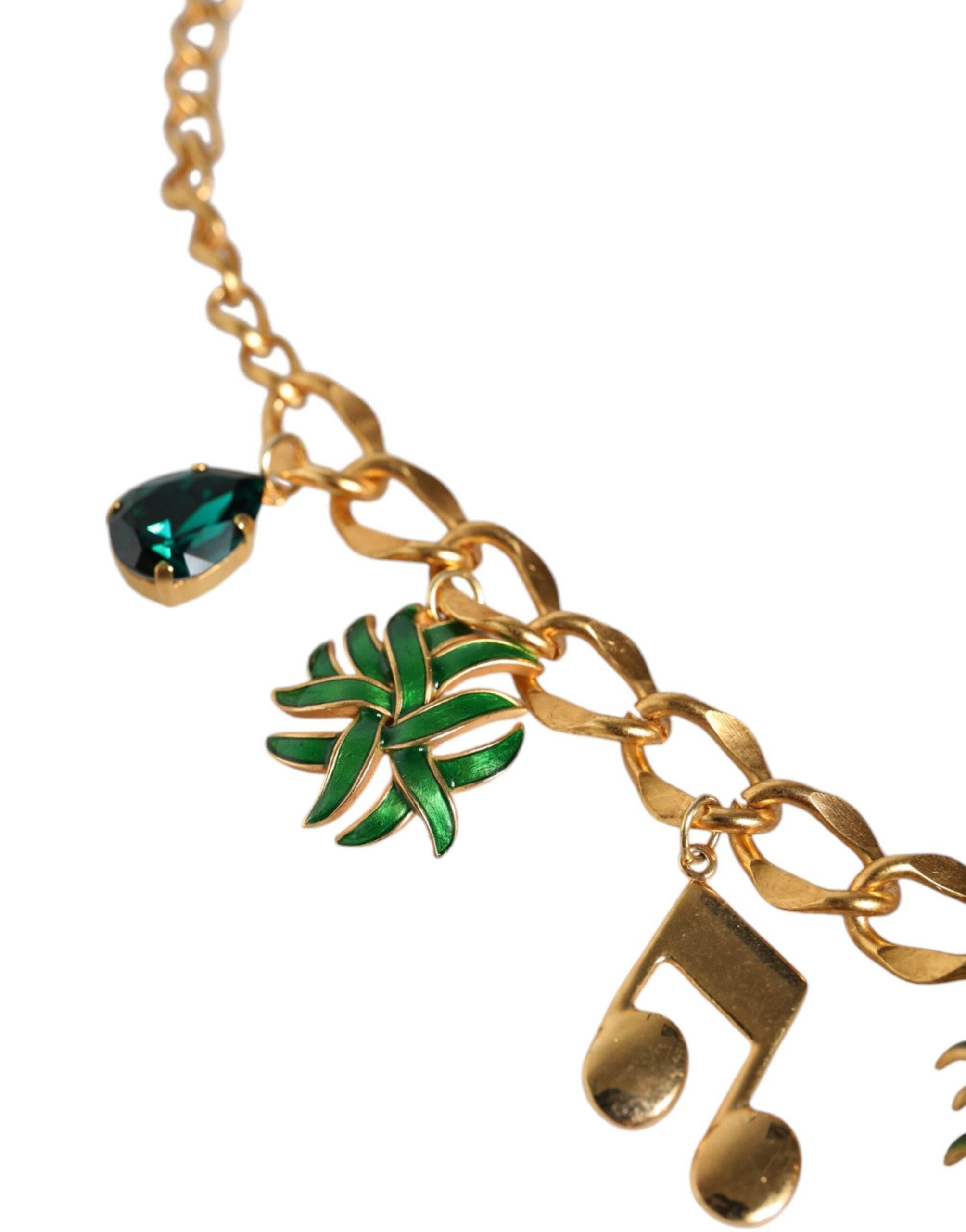 Dolce & Gabbana Gold Tone Brass Chain Pineapple Crystal Musical Necklace - Hilstor