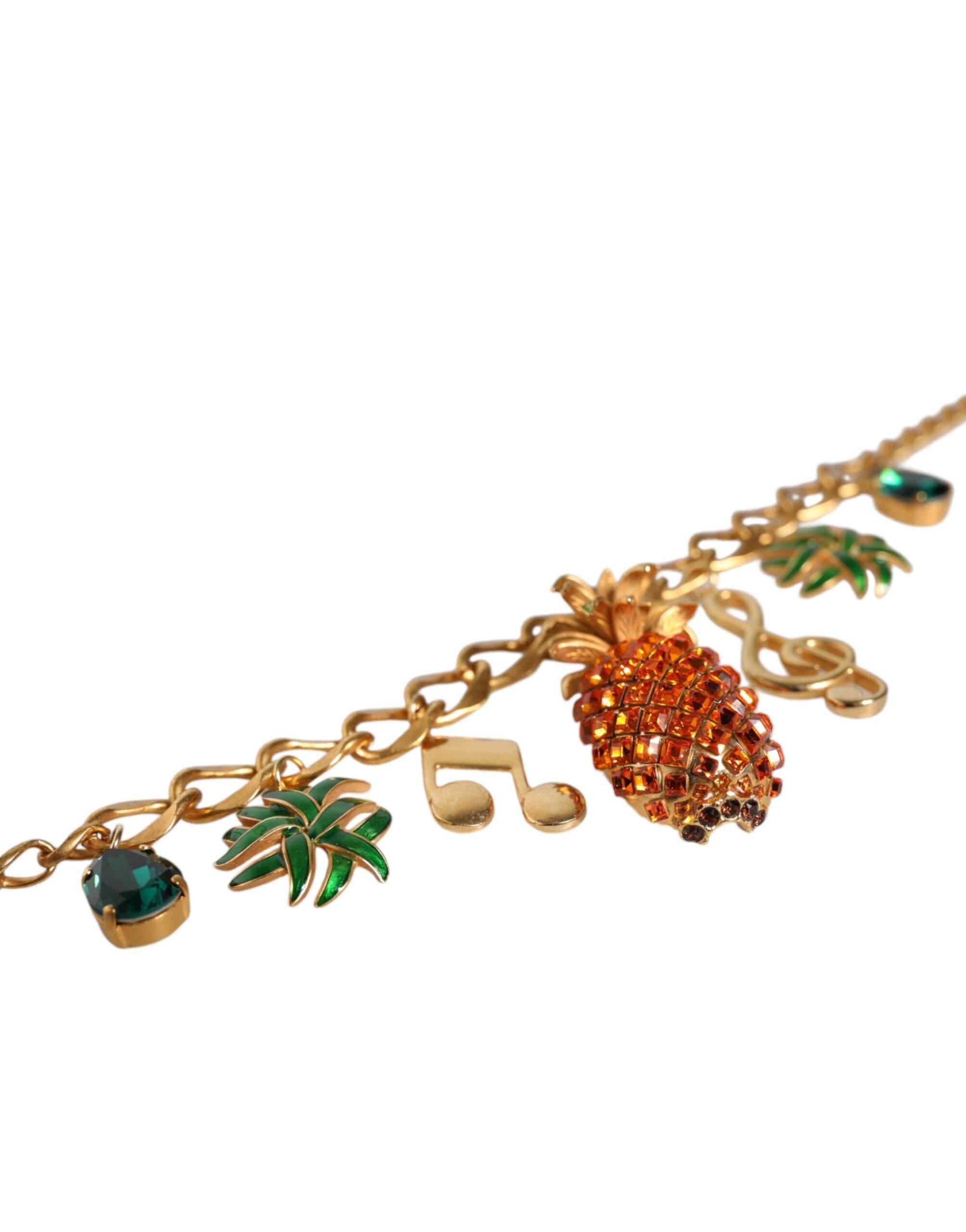 Dolce & Gabbana Gold Tone Brass Chain Pineapple Crystal Musical Necklace - Hilstor