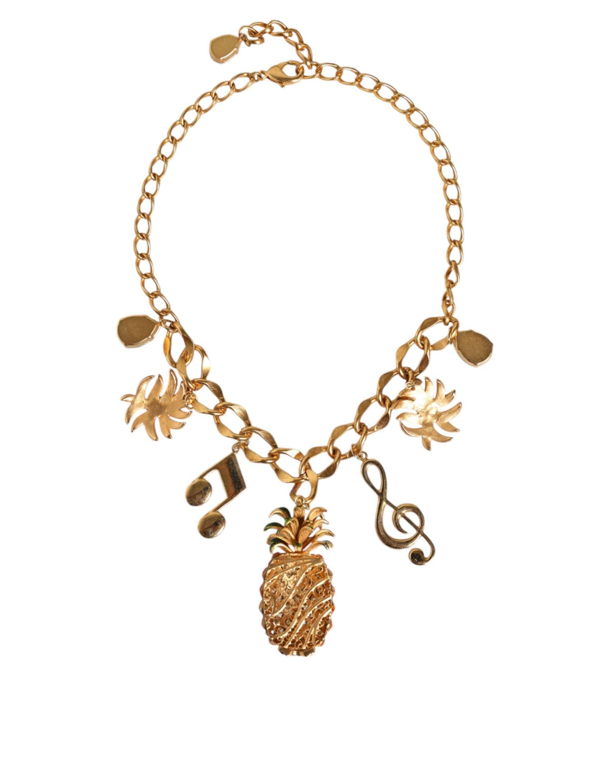 Dolce & Gabbana Gold Tone Brass Chain Pineapple Crystal Musical Necklace - Hilstor