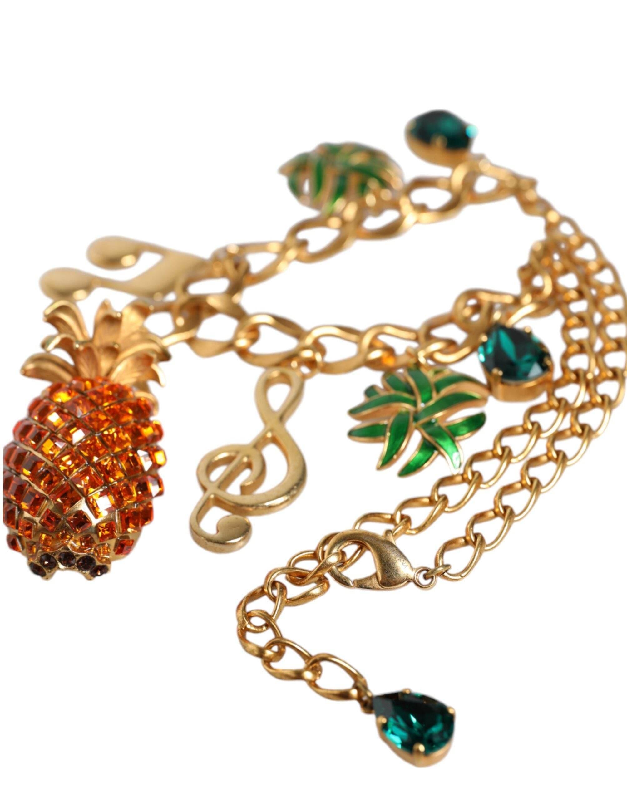 Dolce & Gabbana Gold Tone Brass Chain Pineapple Crystal Musical Necklace - Hilstor
