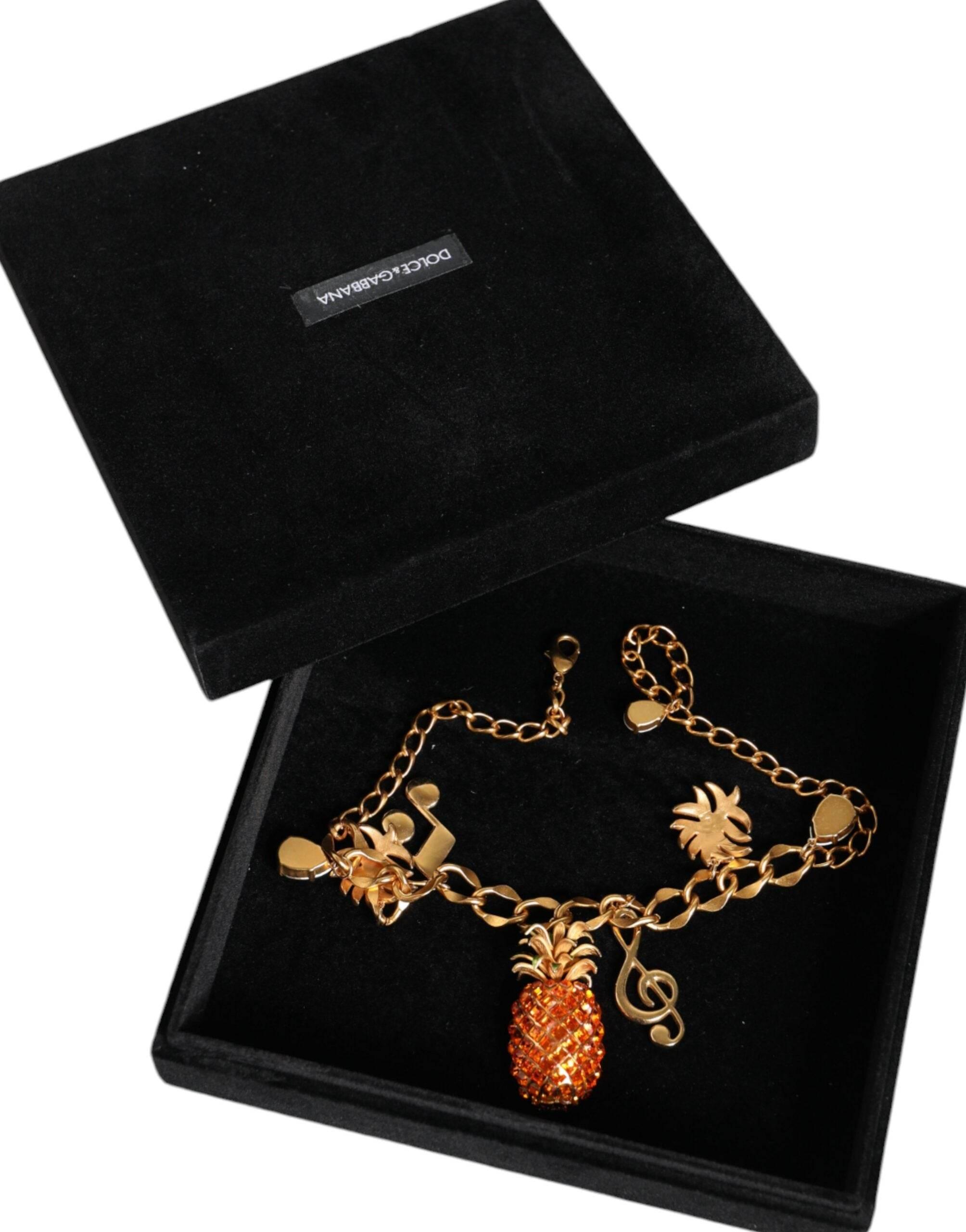 Dolce & Gabbana Gold Tone Brass Chain Pineapple Crystal Musical Necklace - Hilstor