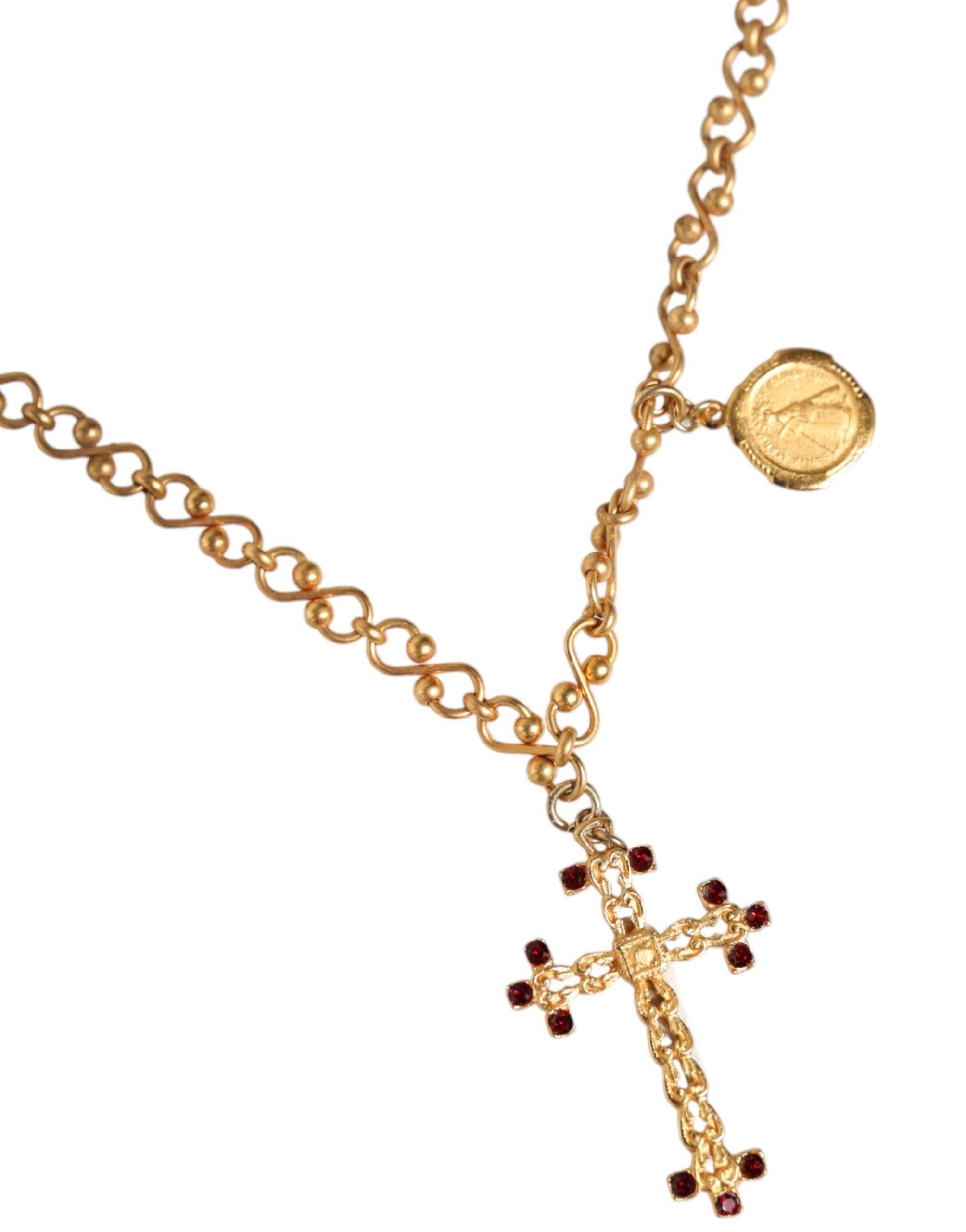 Dolce & Gabbana Gold Tone Brass Chain Religious Cross Pendant Necklace - Hilstor