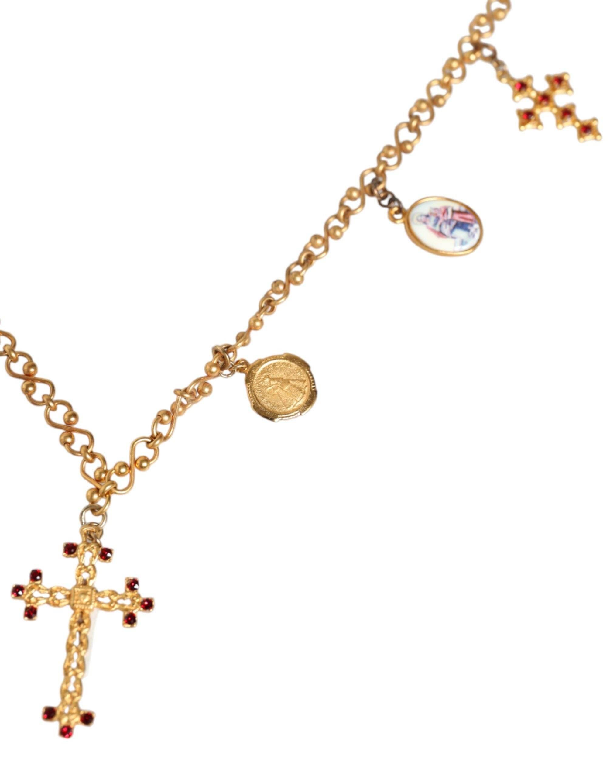 Dolce & Gabbana Gold Tone Brass Chain Religious Cross Pendant Necklace - Hilstor