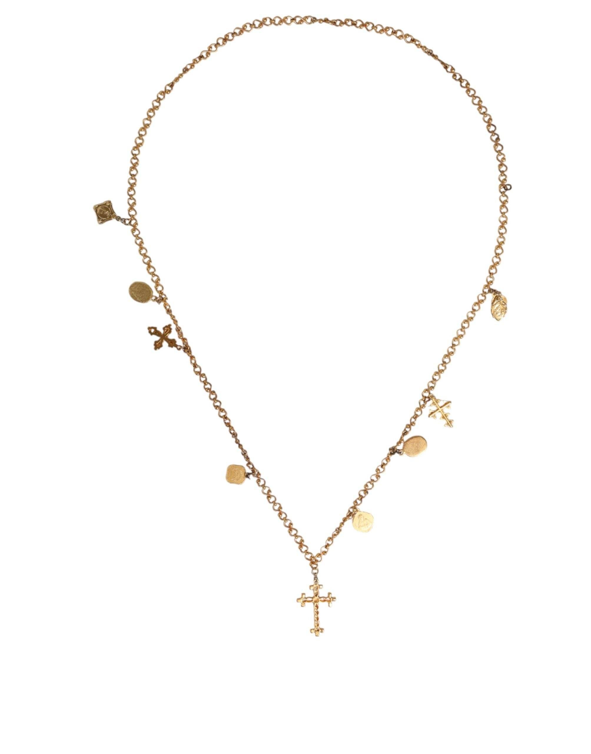 Dolce & Gabbana Gold Tone Brass Chain Religious Cross Pendant Necklace - Hilstor