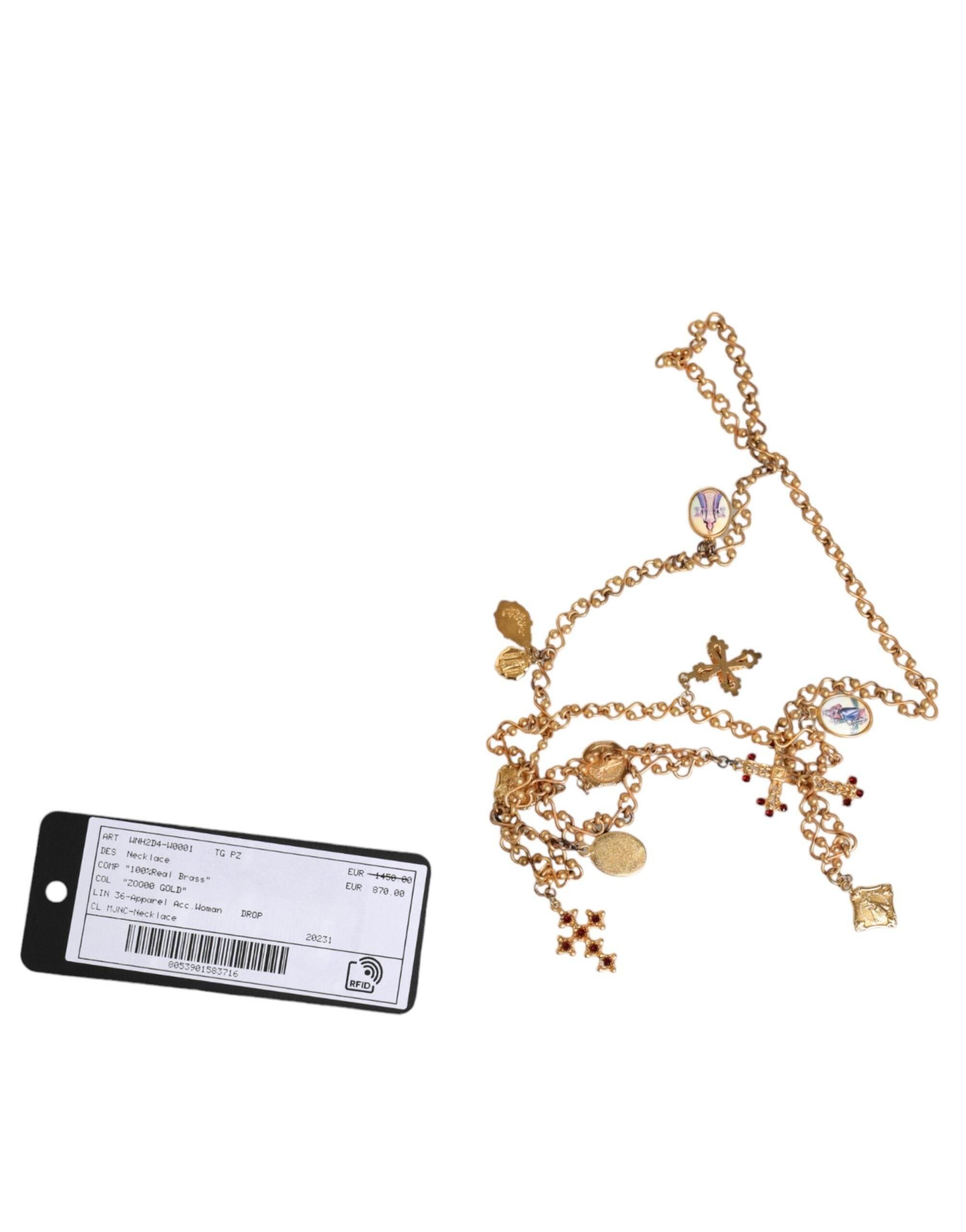 Dolce & Gabbana Gold Tone Brass Chain Religious Cross Pendant Necklace - Hilstor