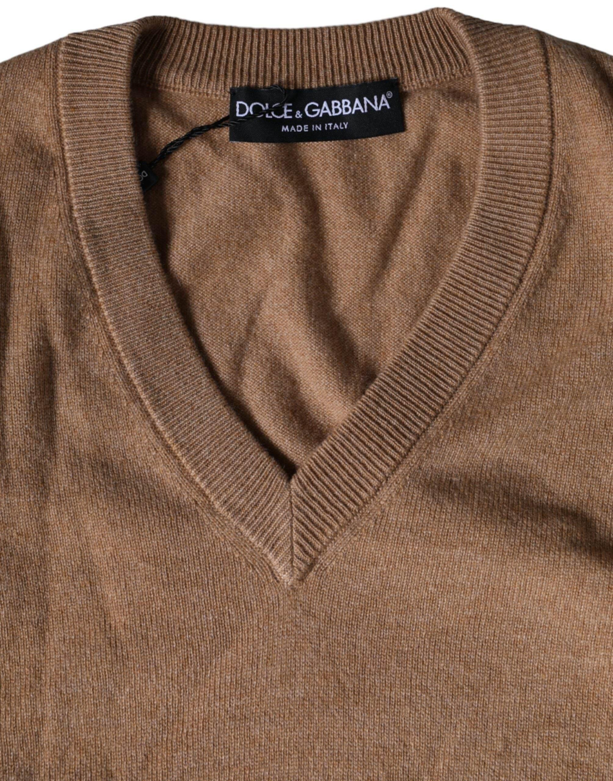 Dolce & Gabbana Brown Cashmere Knit V-neck Pullover Sweater - Hilstor