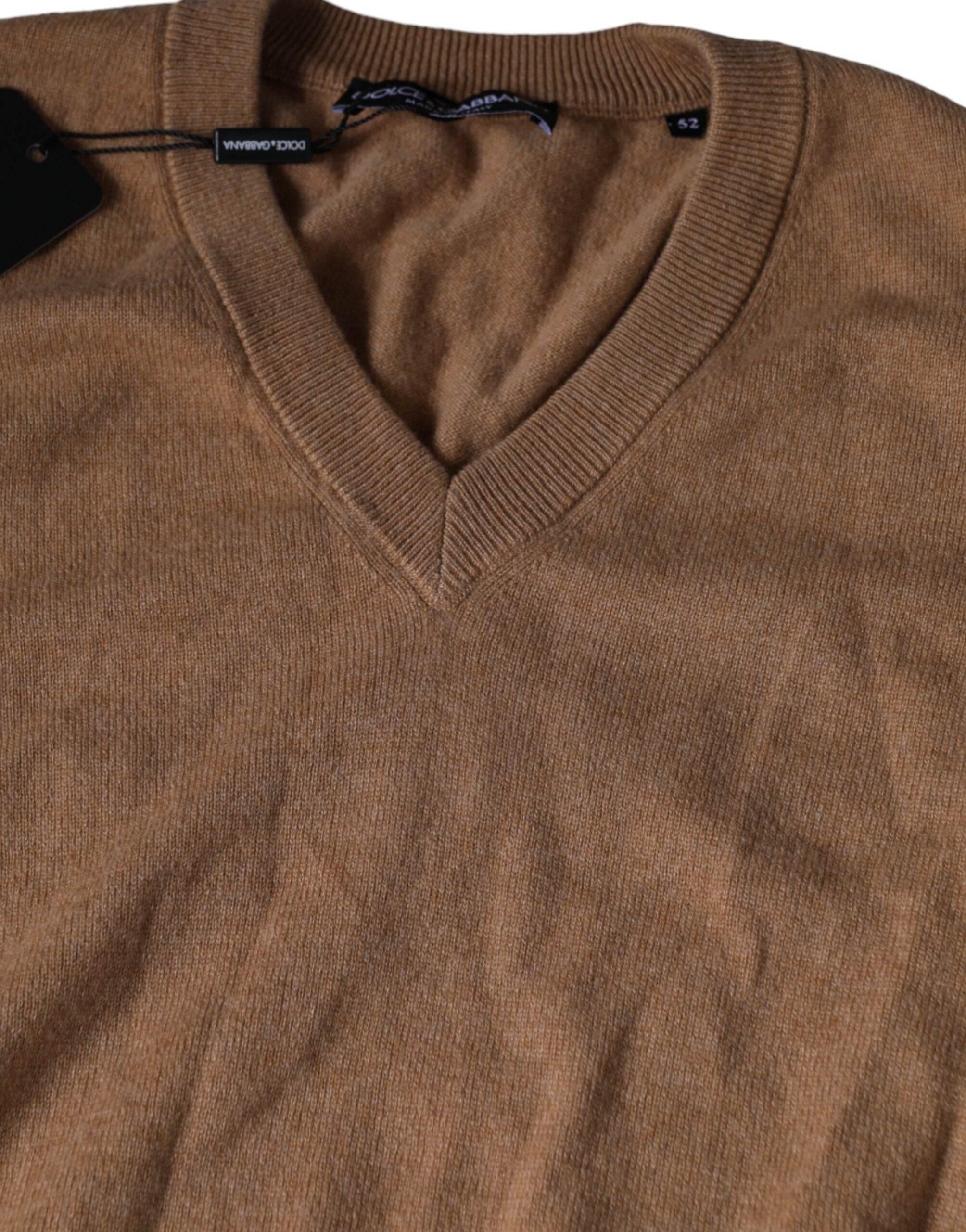 Dolce & Gabbana Brown Cashmere Knit V-neck Pullover Sweater - Hilstor