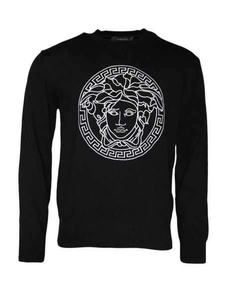 Versace Black Medusa Embroidery Crew Neck Pullover Sweater - Hilstor