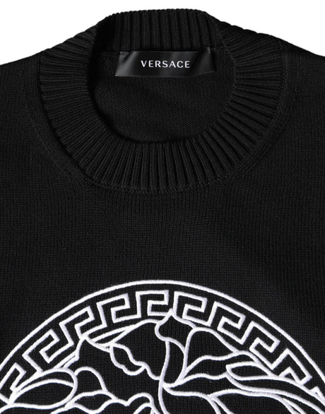 Versace Black Medusa Embroidery Crew Neck Pullover Sweater - Hilstor