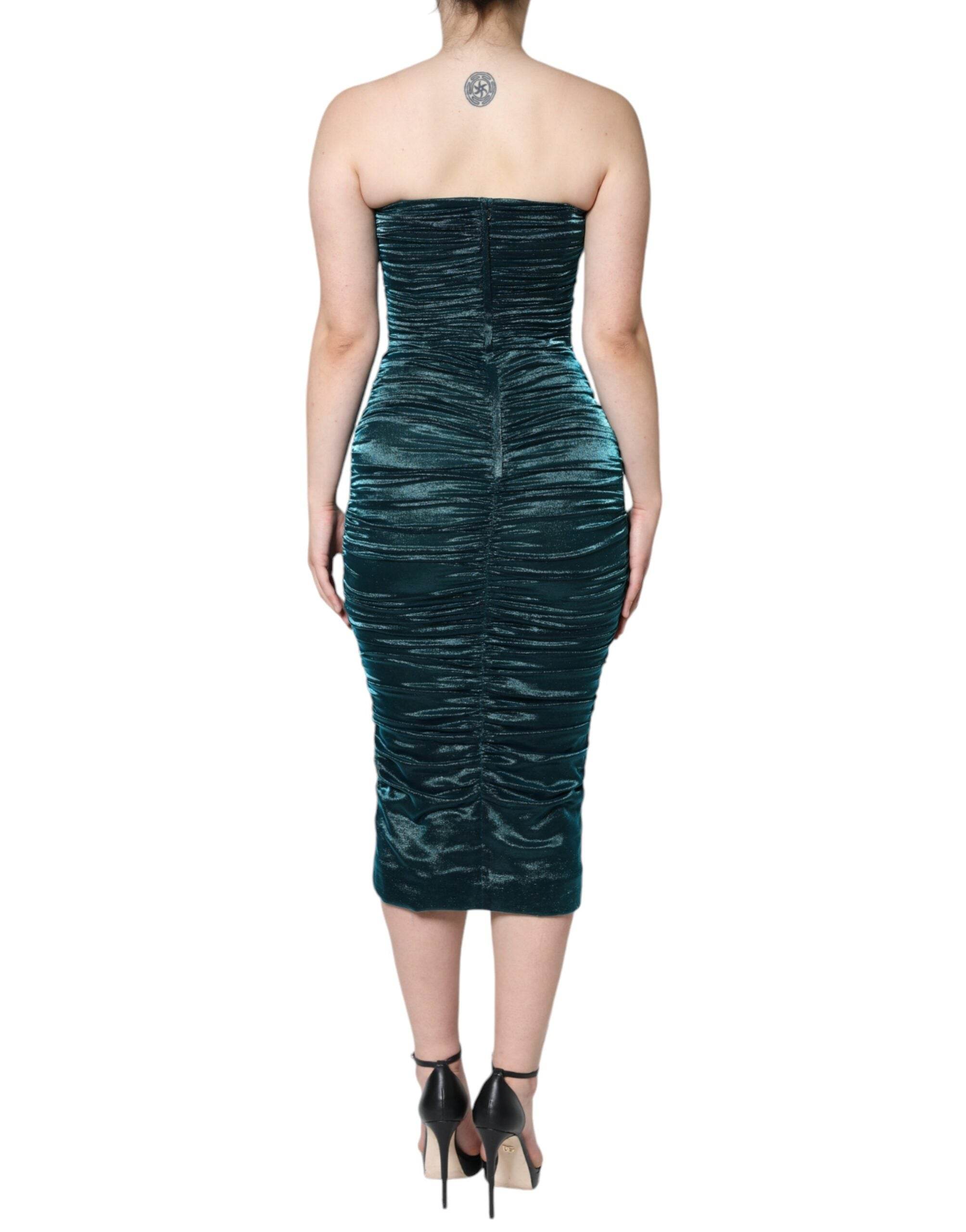 Dolce & Gabbana Green Silk Blend Satin Fitted Strapless Dress - Hilstor