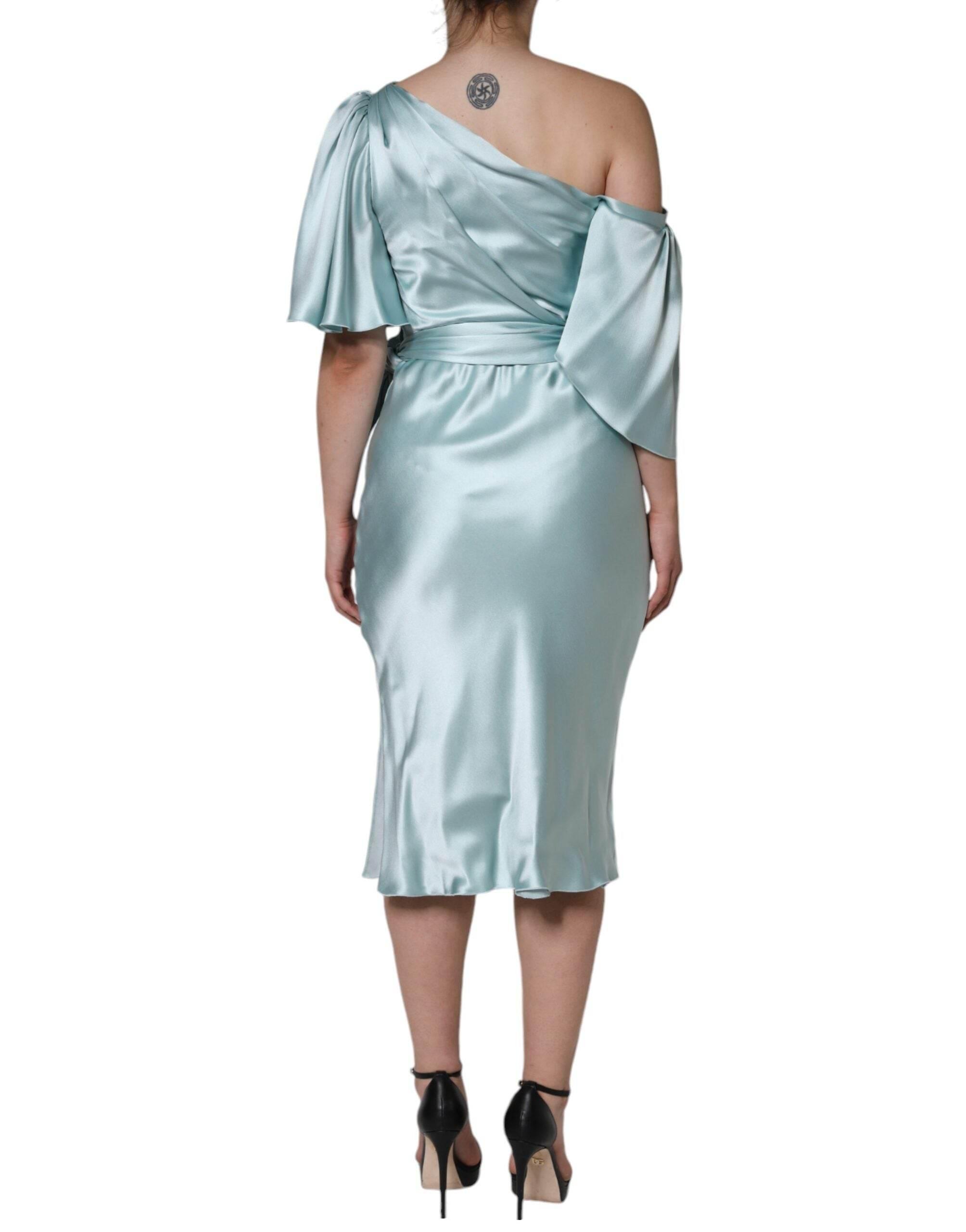 Dolce & Gabbana Mint Green Silk Fit Cut One Shoulder Dress - Hilstor