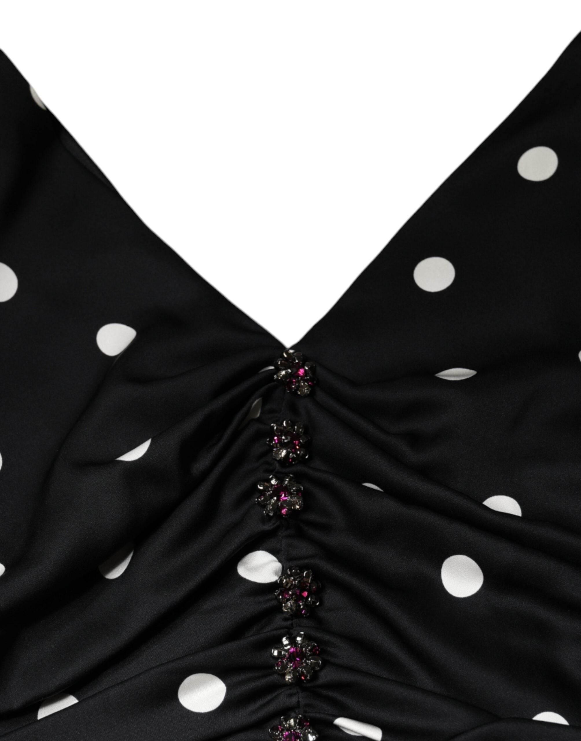 Dolce & Gabbana Black Silk Polka Dot V-neck Tassel Midi Dress - Hilstor