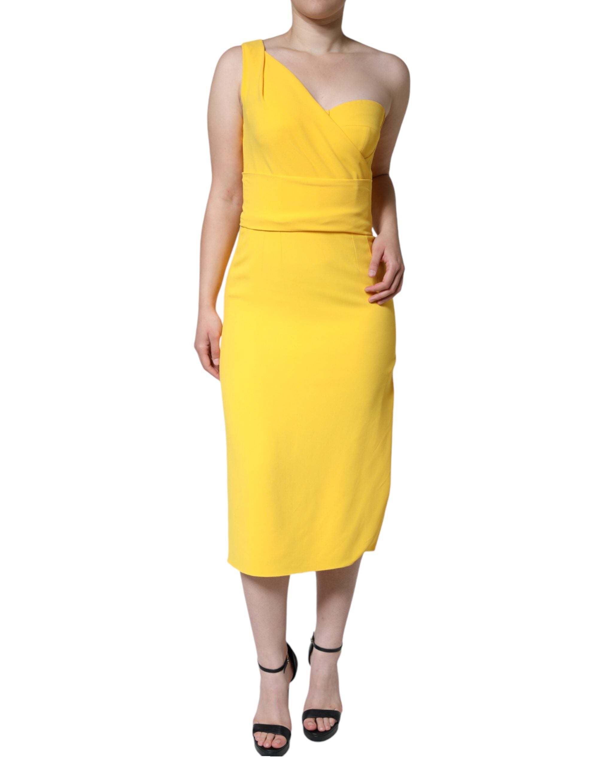 Dolce &amp; Gabbana Yellow One Shoulder Side Slid Midi-kjole