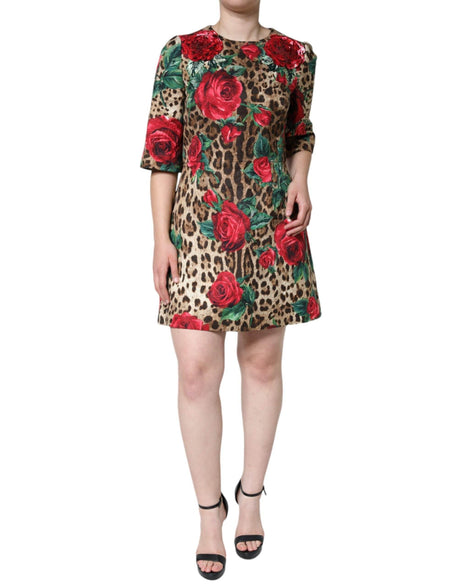 Dolce & Gabbana Brown Leopard Red Roses Cotton A-line Dress - Hilstor