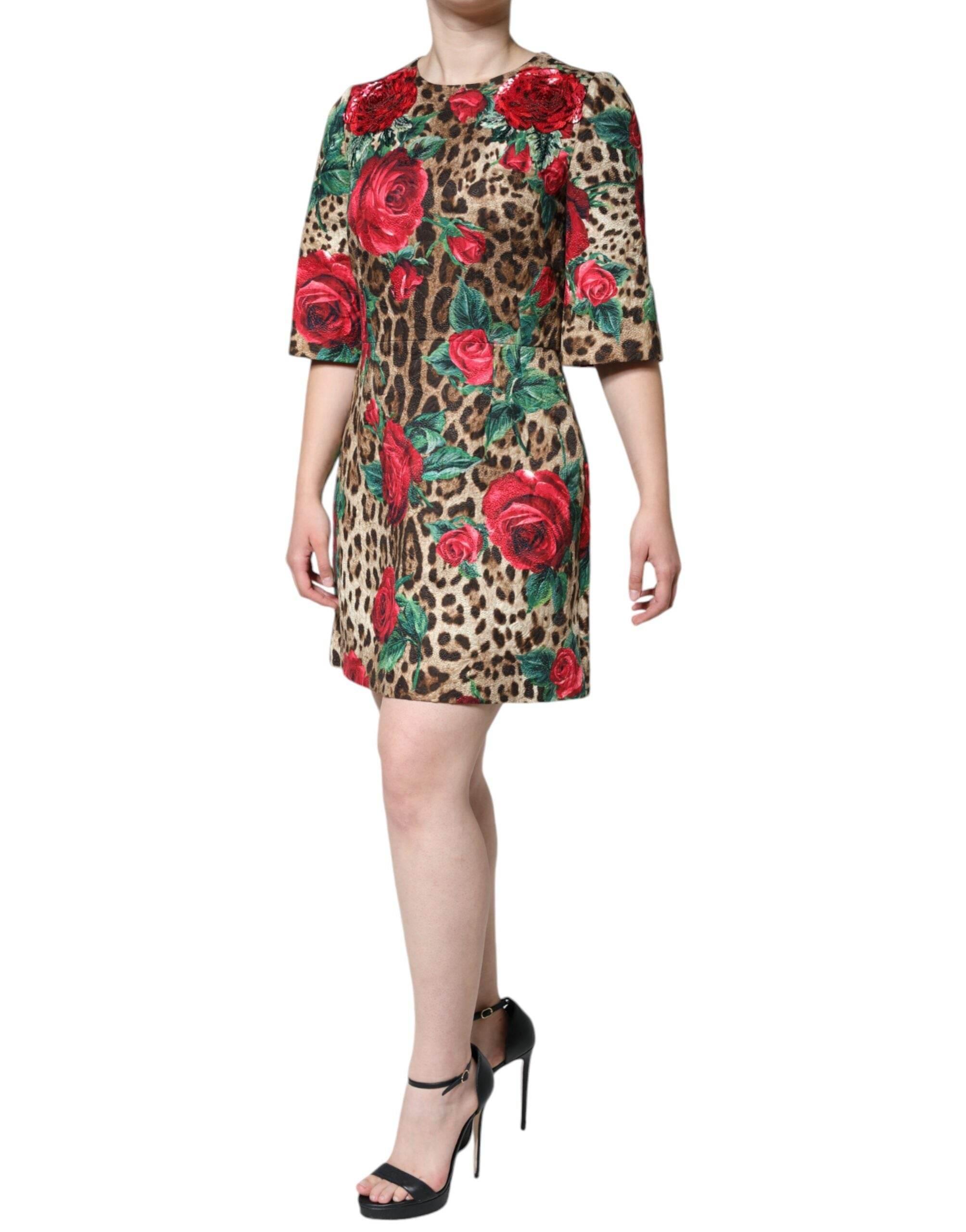 Dolce & Gabbana Brown Leopard Red Roses Cotton A-line Dress - Hilstor