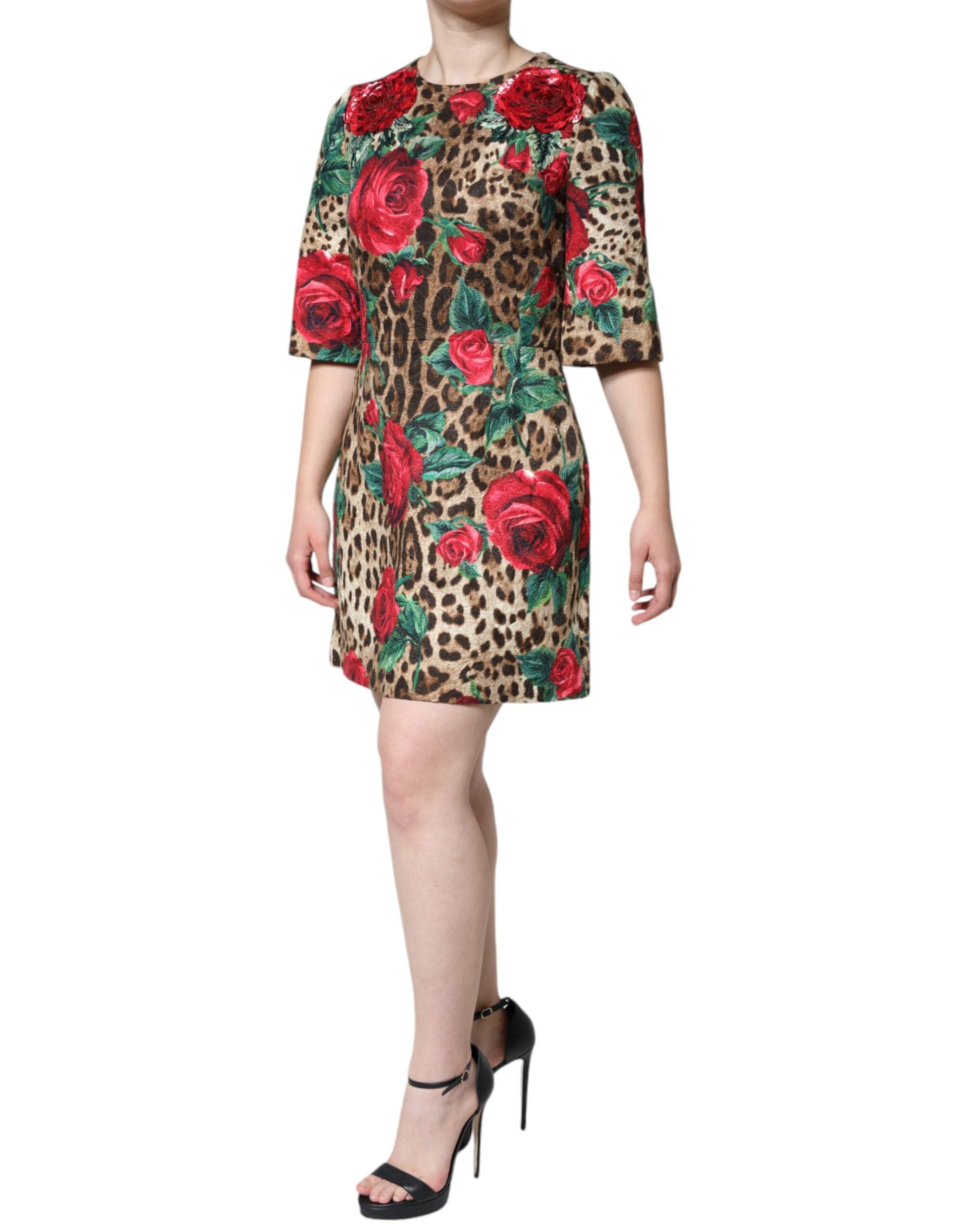 Dolce &amp; Gabbana Brown Leopard Red Roses Bomuld A-line kjole