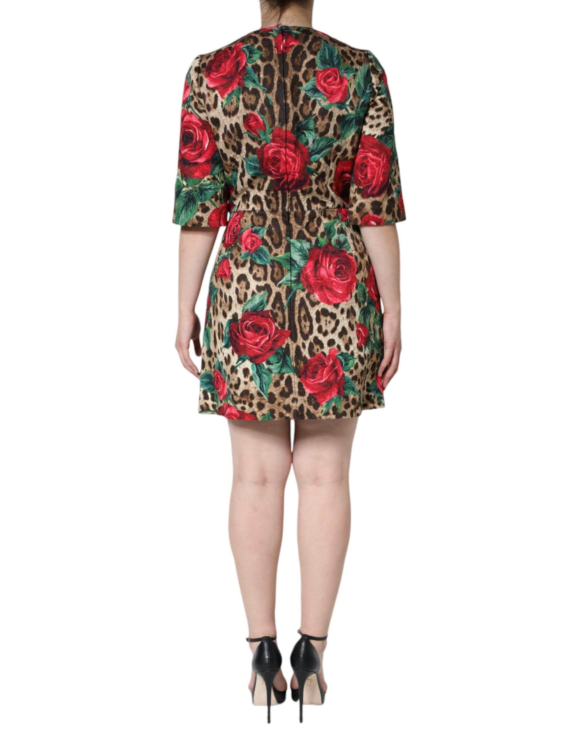 Dolce & Gabbana Brown Leopard Red Roses Cotton A-line Dress - Hilstor
