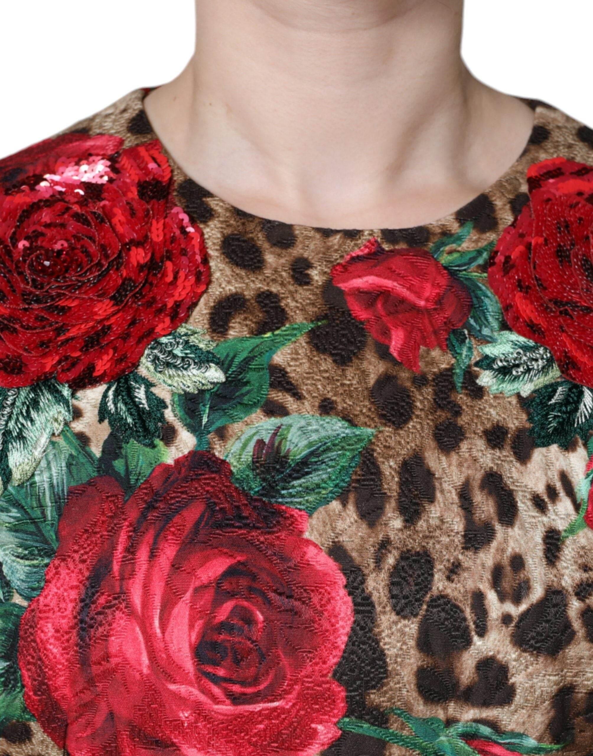 Dolce & Gabbana Brown Leopard Red Roses Cotton A-line Dress - Hilstor