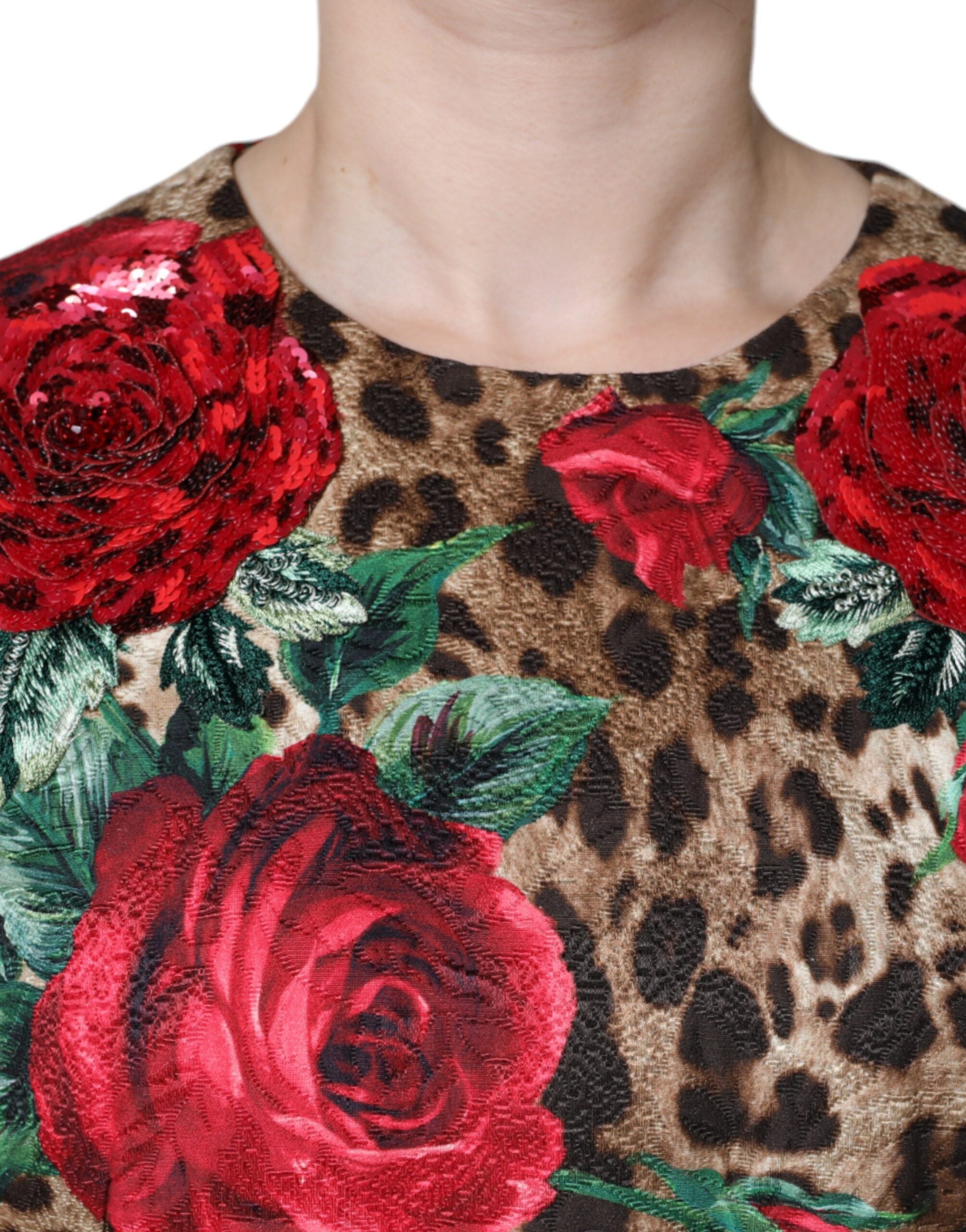 Dolce &amp; Gabbana Brown Leopard Red Roses Bomuld A-line kjole