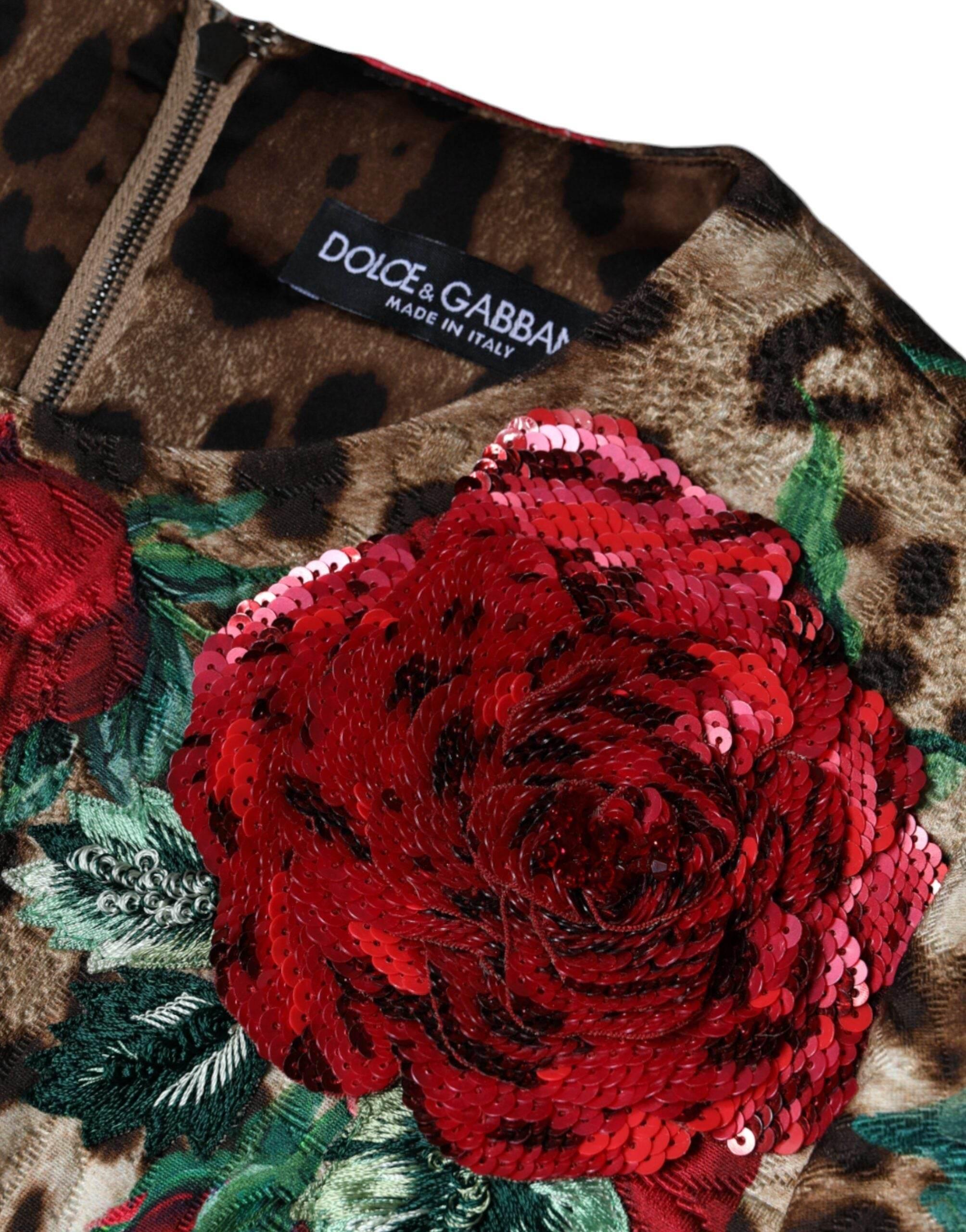Dolce & Gabbana Brown Leopard Red Roses Cotton A-line Dress - Hilstor