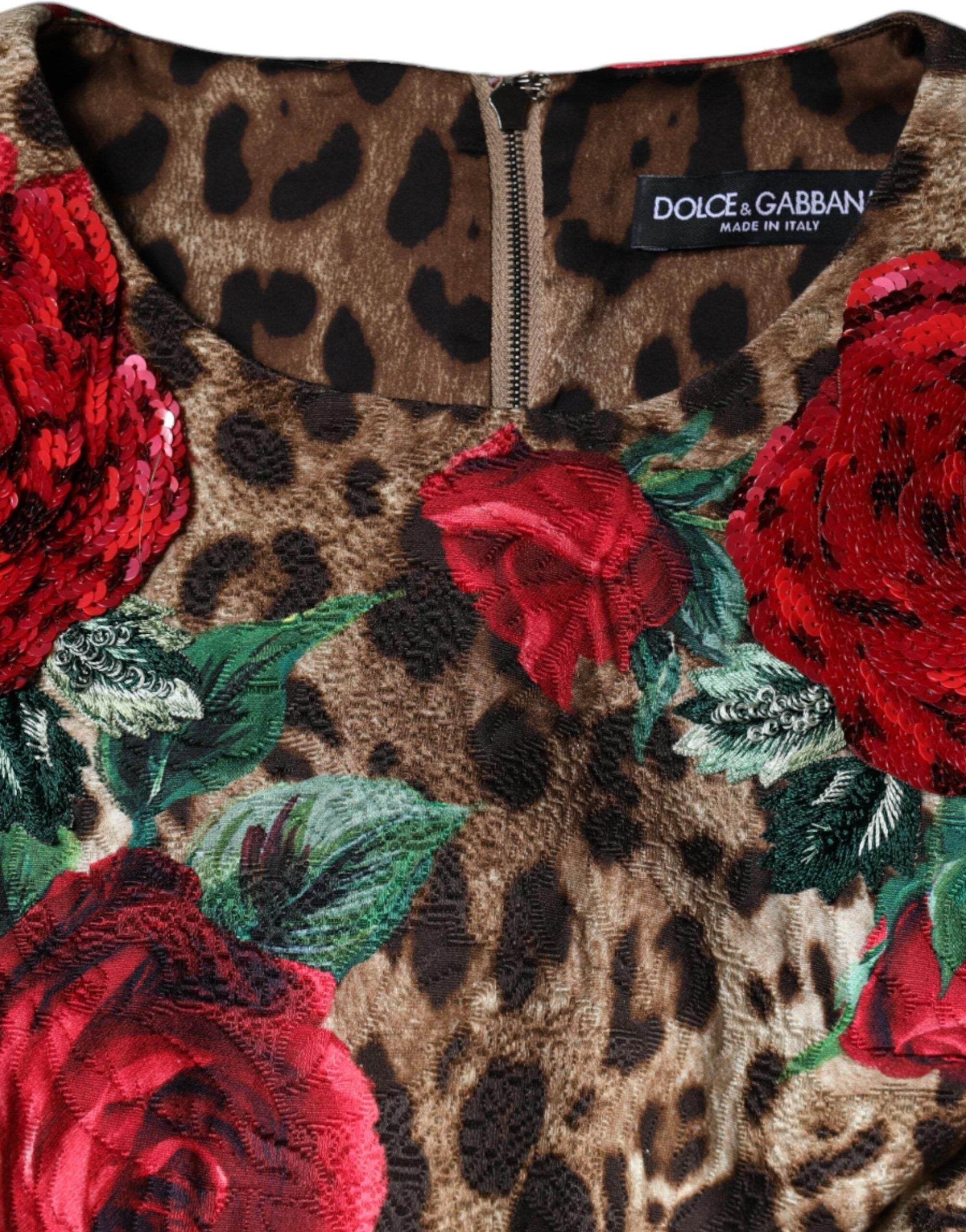Dolce & Gabbana Brown Leopard Red Roses Cotton A-line Dress - Hilstor