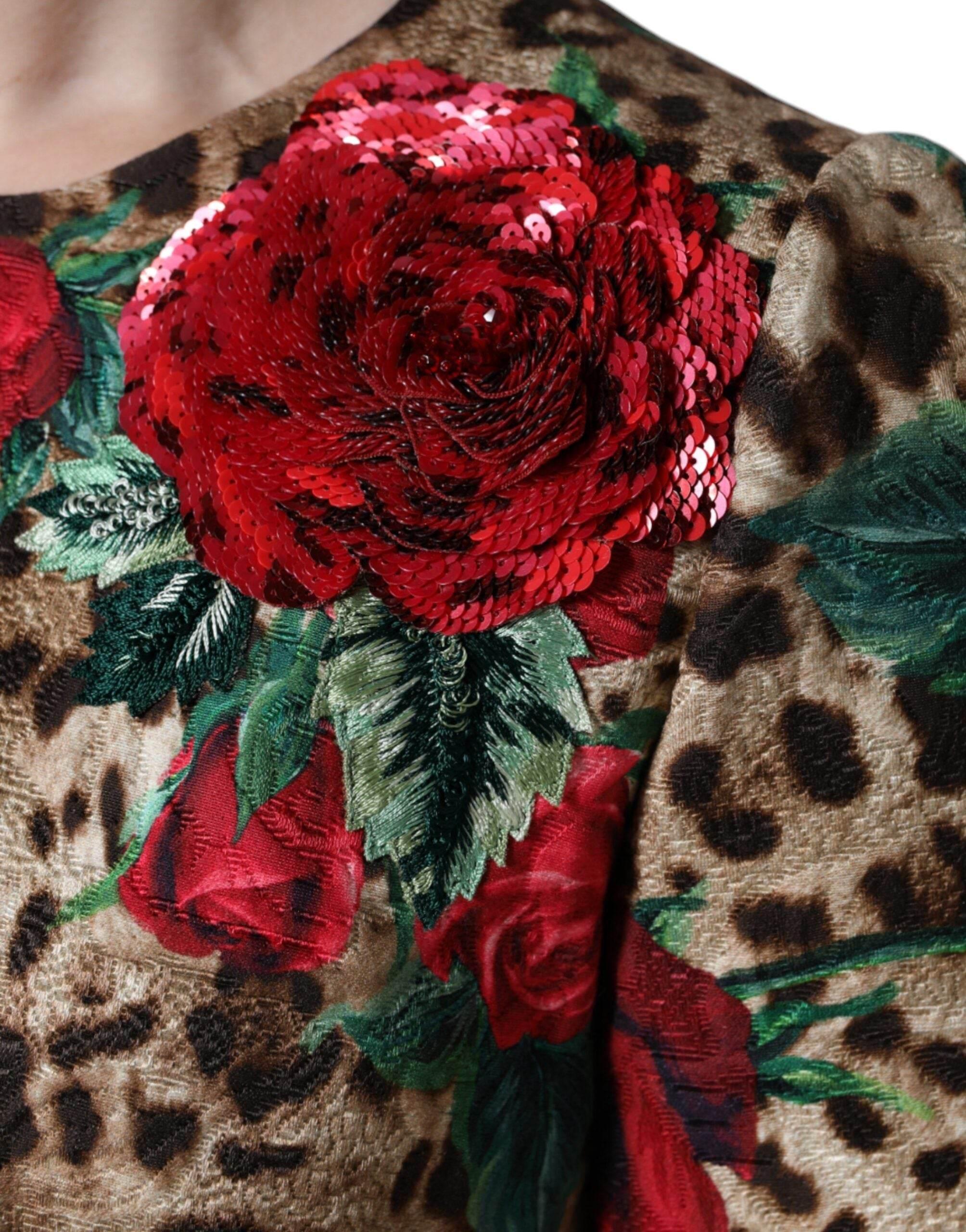 Dolce & Gabbana Brown Leopard Red Roses Cotton A-line Dress - Hilstor