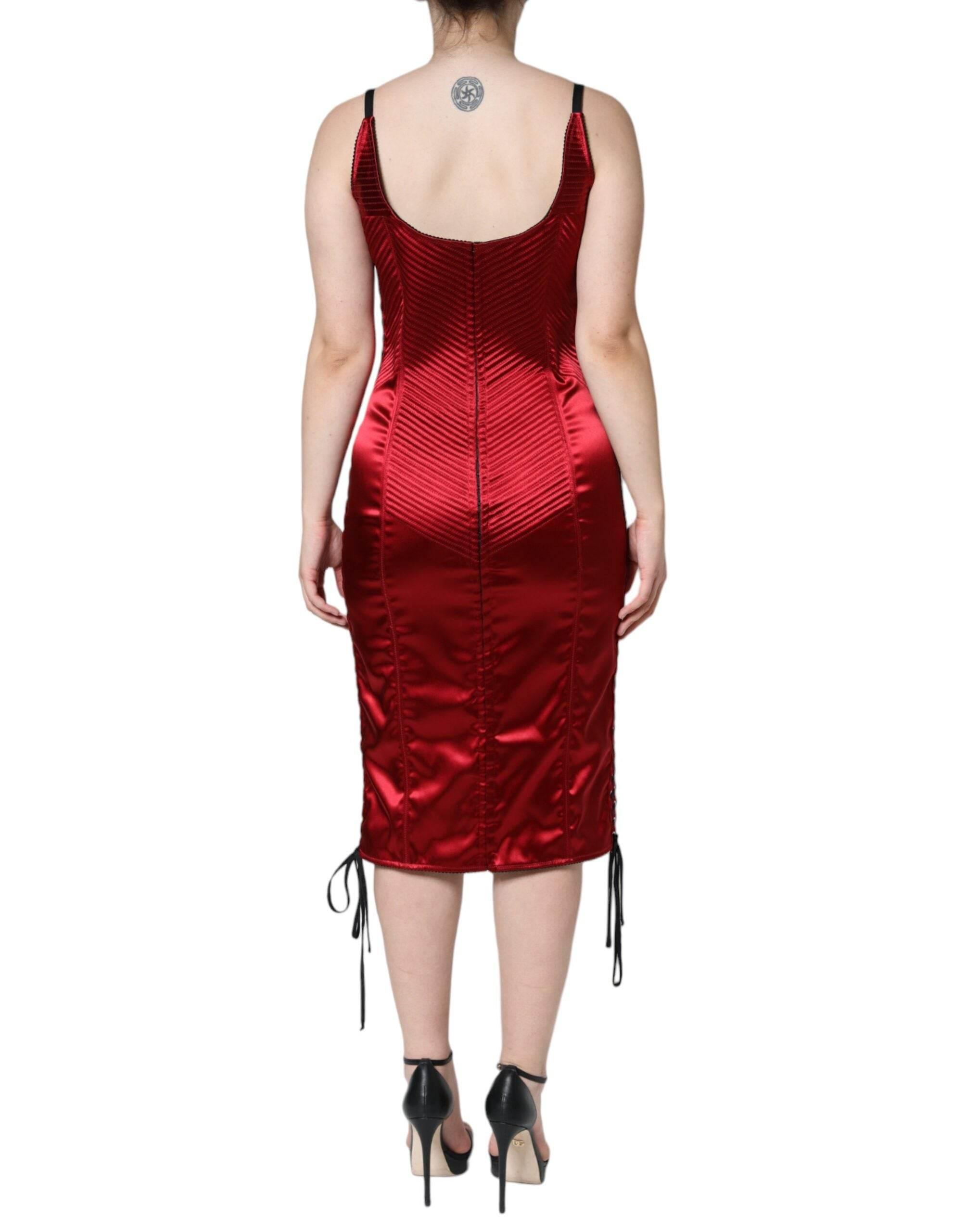 Dolce & Gabbana Red Bustier Corset Lace Bodycon Midi Dress - Hilstor