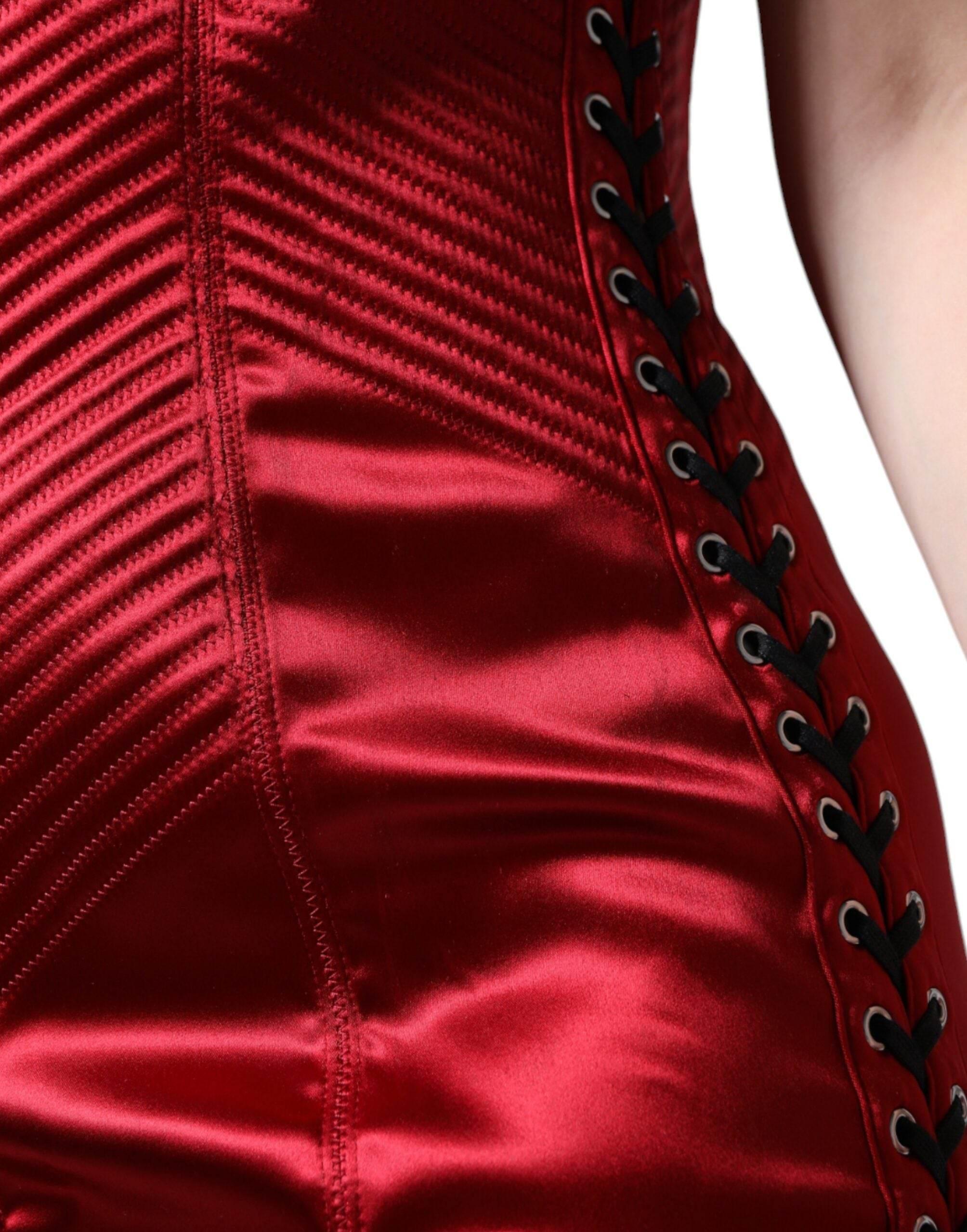 Dolce & Gabbana Red Bustier Corset Lace Bodycon Midi Dress - Hilstor