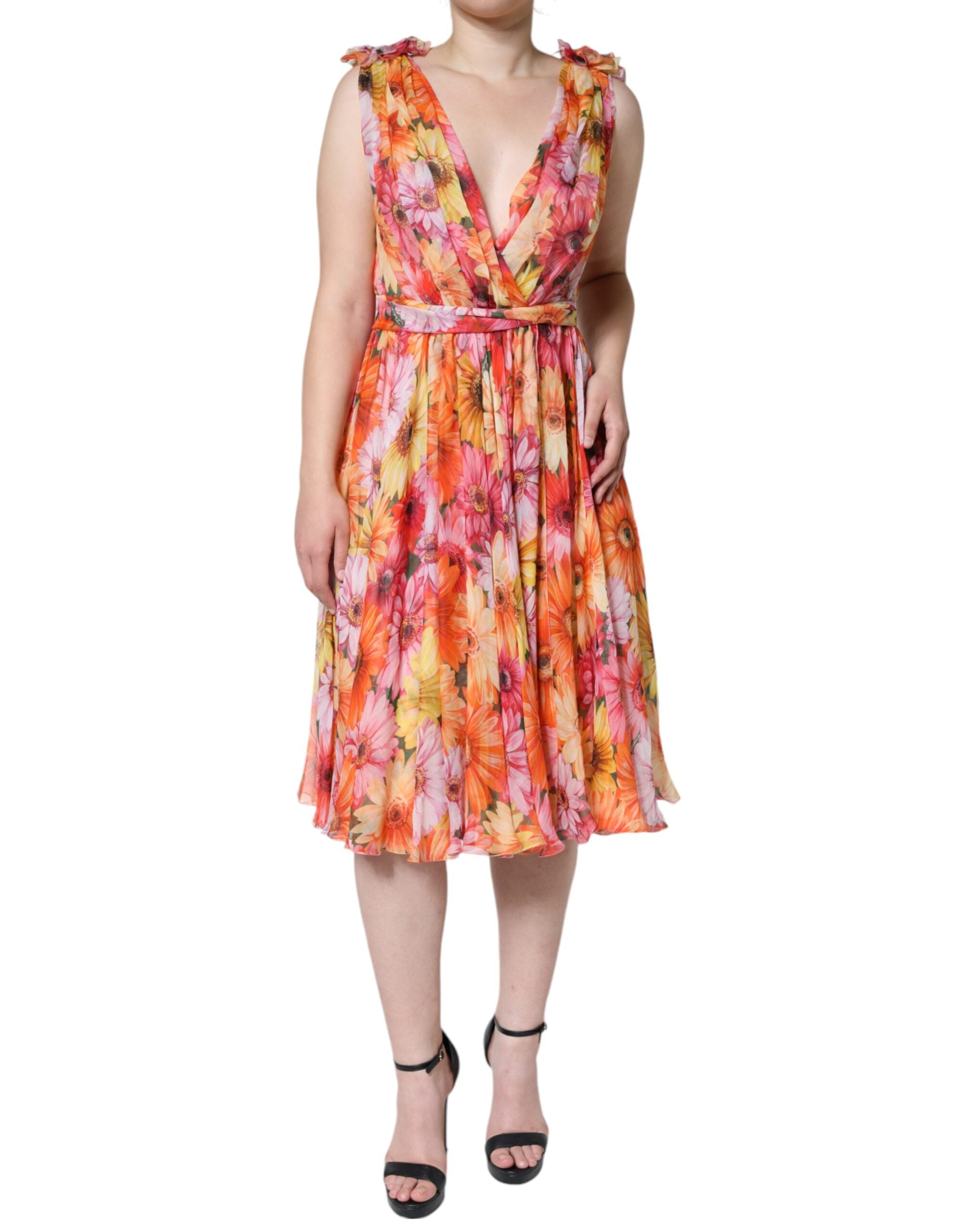Dolce &amp; Gabbana Multicolor Floral ærmeløs midikjole med V-hals
