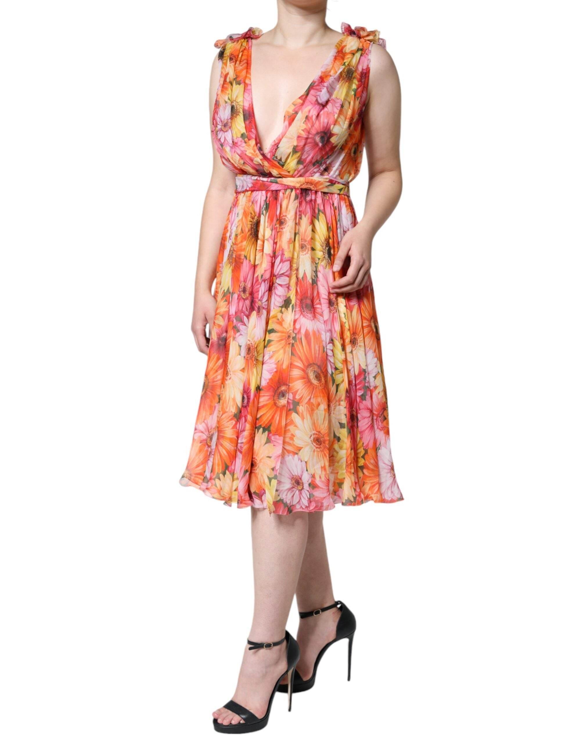 Dolce & Gabbana Multicolor Floral Sleeveless V-neck Midi Dress - Hilstor