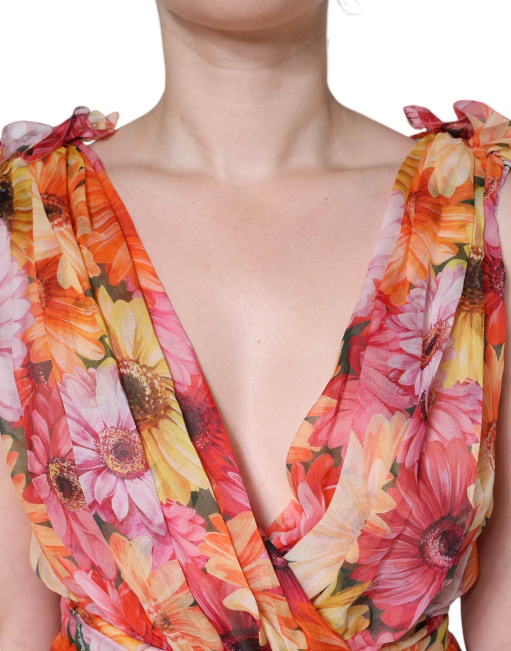 Dolce & Gabbana Multicolor Floral Sleeveless V-neck Midi Dress - Hilstor