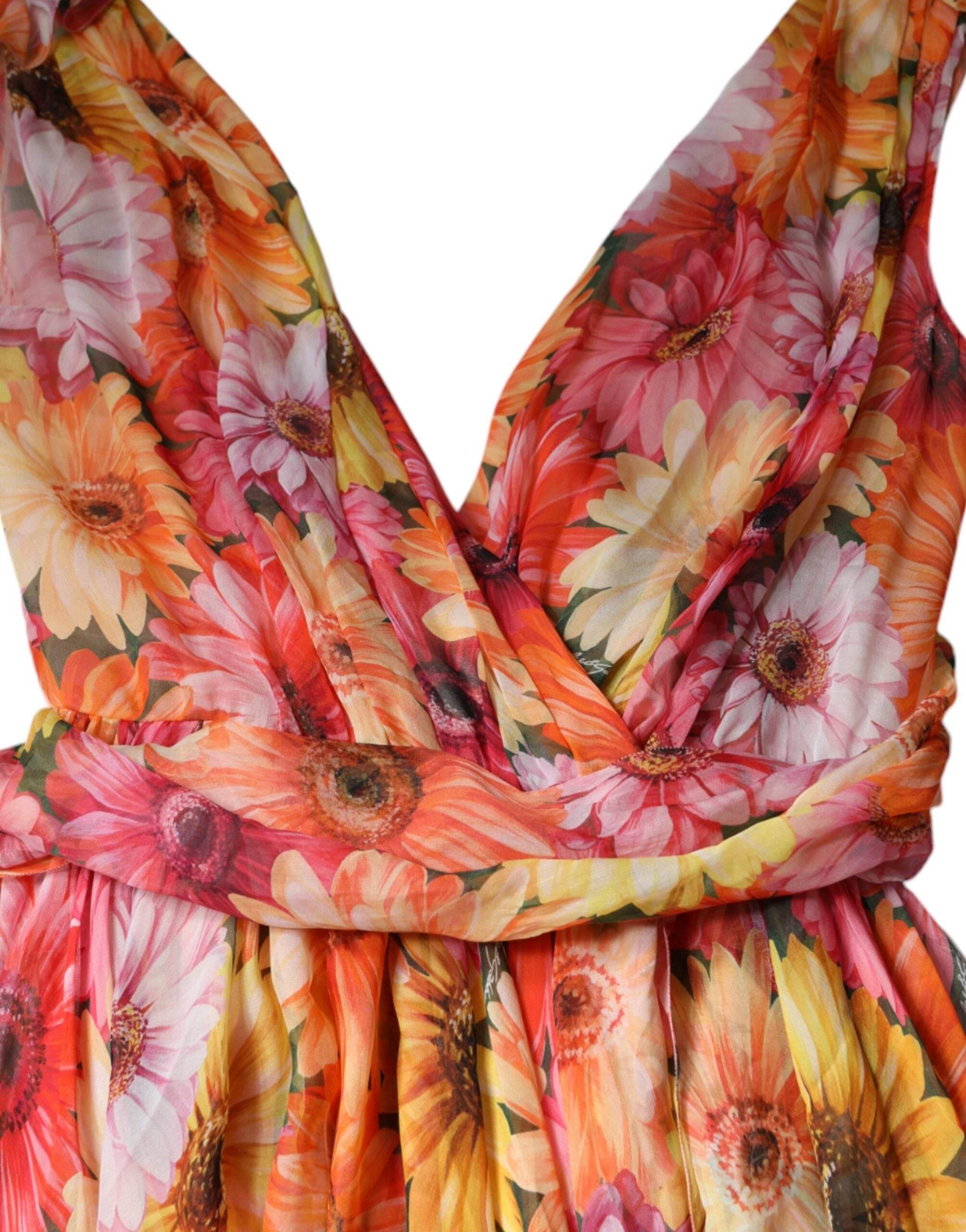Dolce & Gabbana Multicolor Floral Sleeveless V-neck Midi Dress - Hilstor
