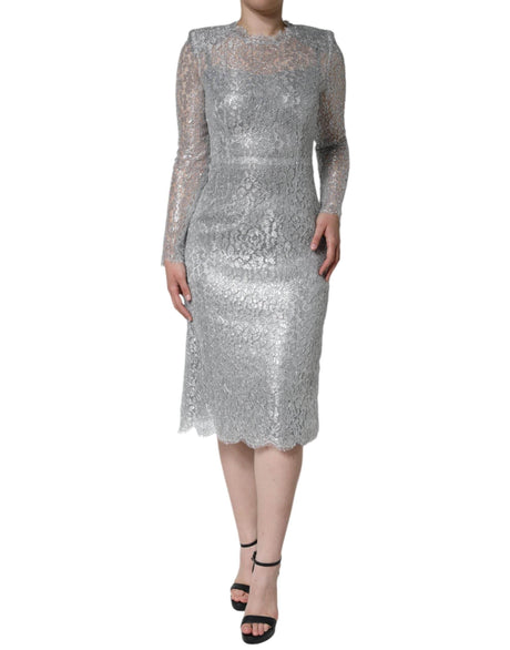 Dolce & Gabbana Silver Floral Lace Bodycon Sheath Midi Dress - Hilstor