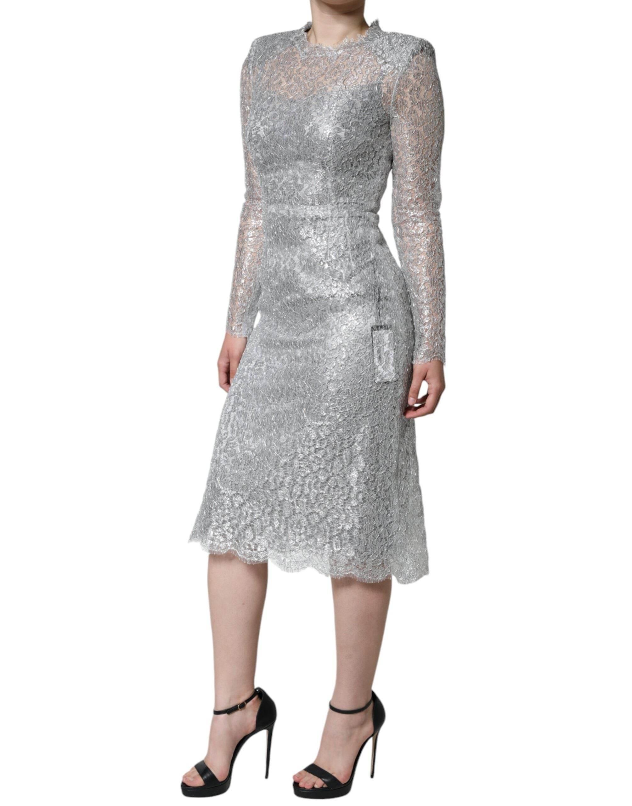 Dolce & Gabbana Silver Floral Lace Bodycon Sheath Midi Dress - Hilstor