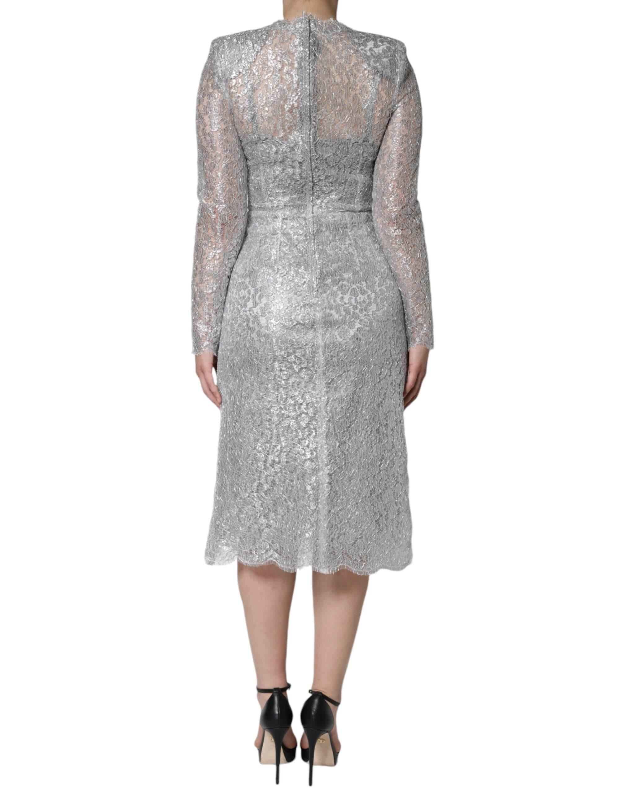 Dolce & Gabbana Silver Floral Lace Bodycon Sheath Midi Dress - Hilstor