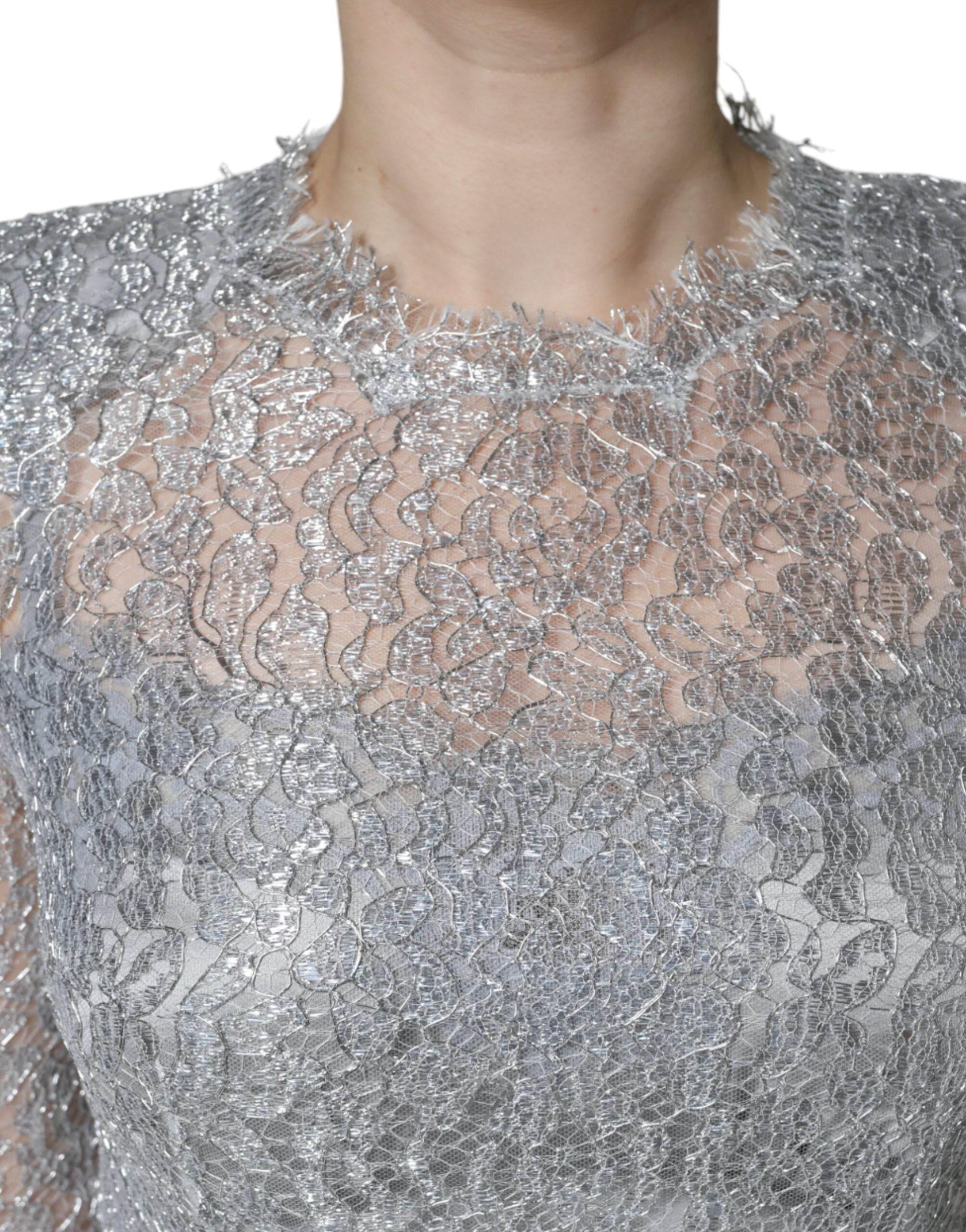 Dolce & Gabbana Silver Floral Lace Bodycon Sheath Midi Dress - Hilstor