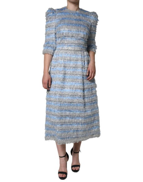 Dolce & Gabbana Light Blue Silver Jacquard A-line Midi Dress - Hilstor