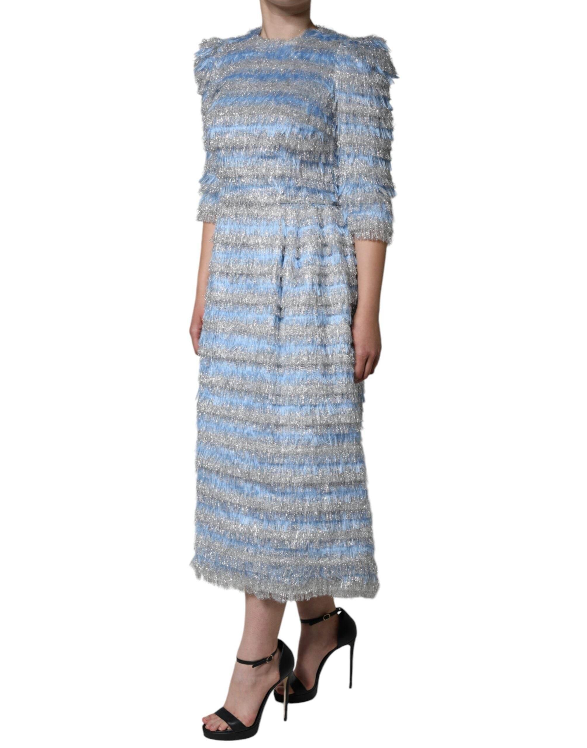 Dolce & Gabbana Light Blue Silver Jacquard A-line Midi Dress - Hilstor