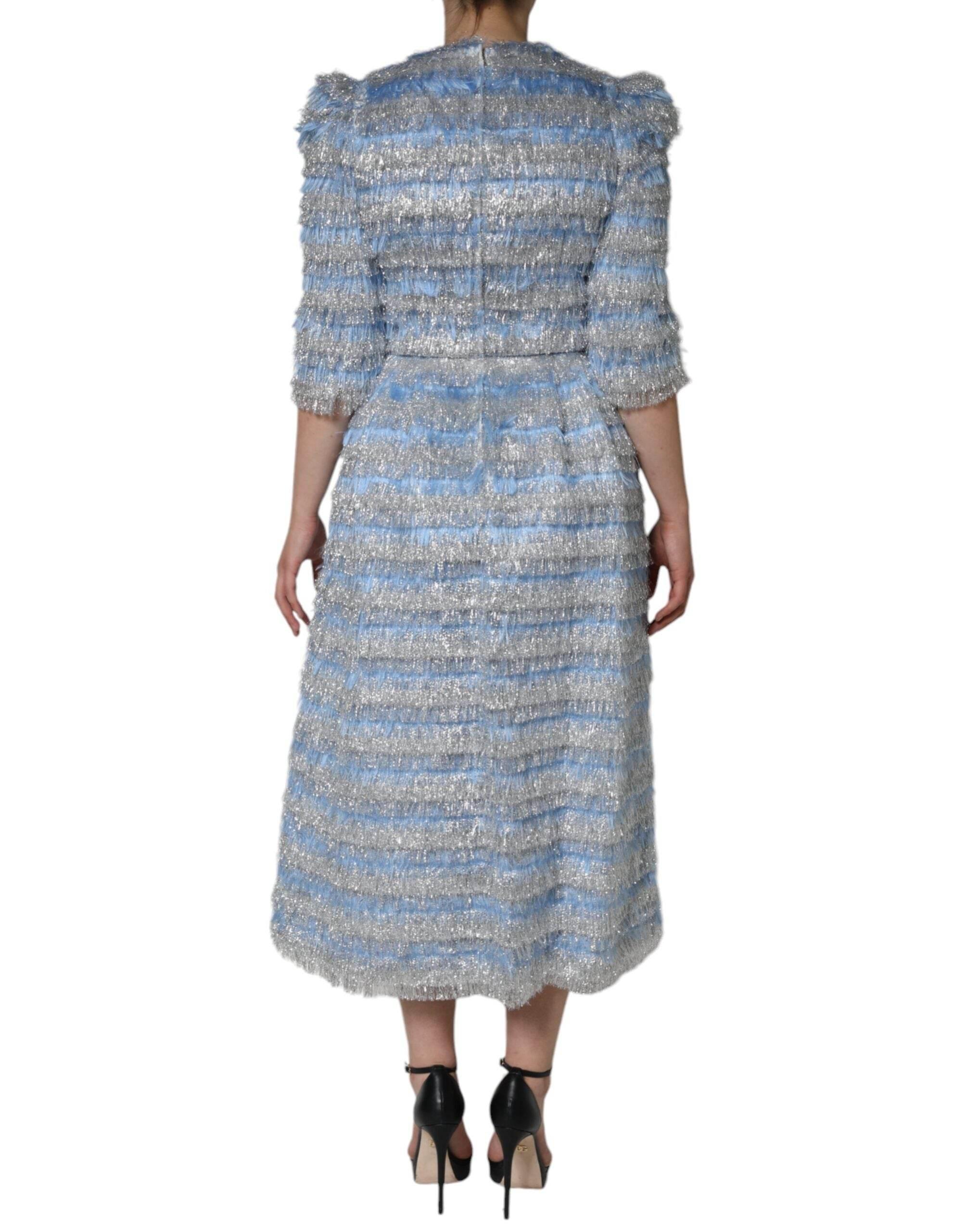 Dolce & Gabbana Light Blue Silver Jacquard A-line Midi Dress - Hilstor