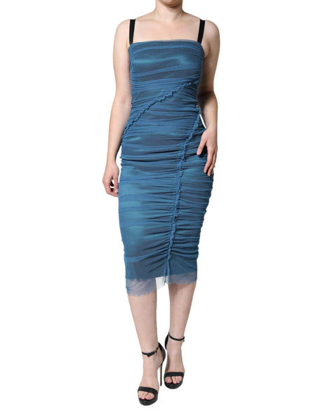 Dolce & Gabbana Blue Mesh Trim Ruched Tulle Sheath Dress - Hilstor
