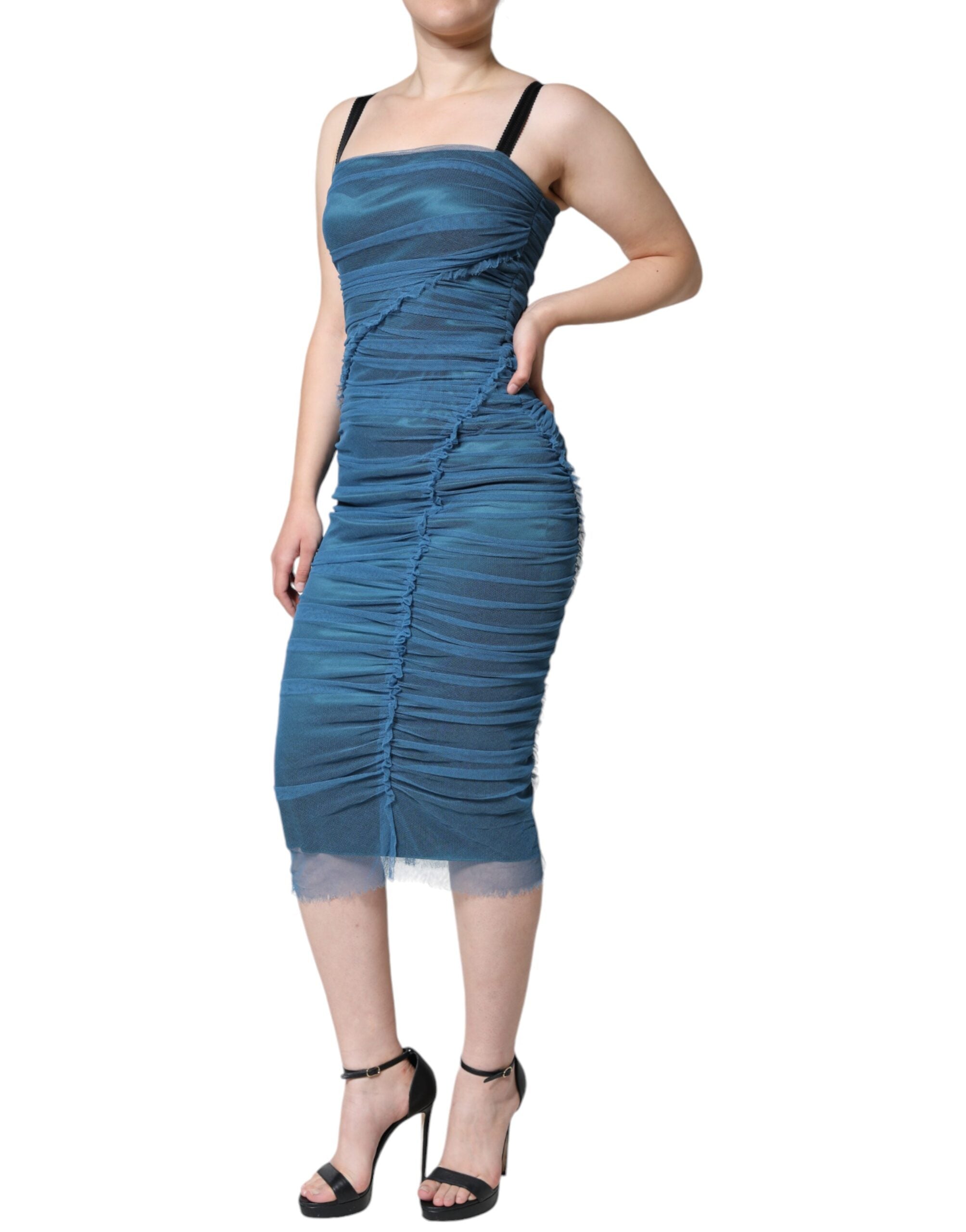 Dolce &amp; Gabbana Blue Mesh Trim Ruched Tulle Skede Kjole