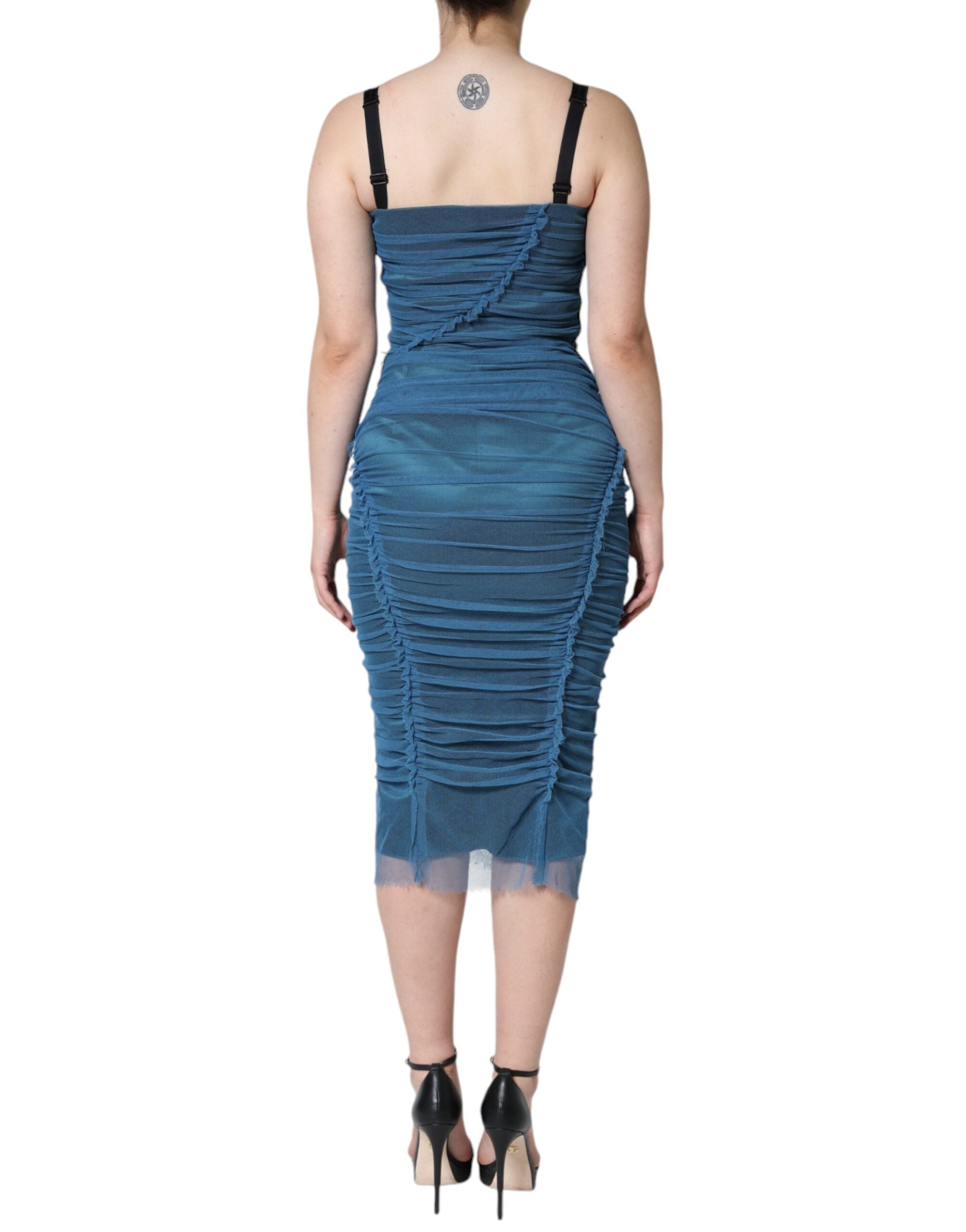 Dolce &amp; Gabbana Blue Mesh Trim Ruched Tulle Skede Kjole