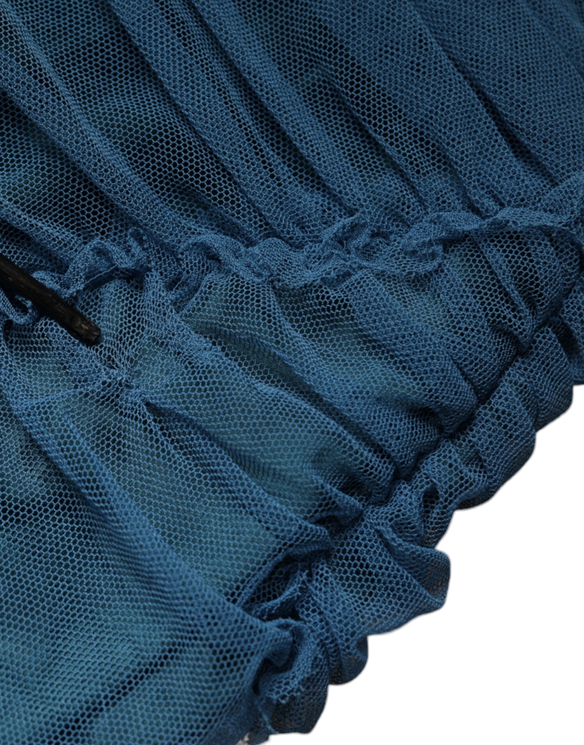 Dolce &amp; Gabbana Blue Mesh Trim Ruched Tulle Skede Kjole