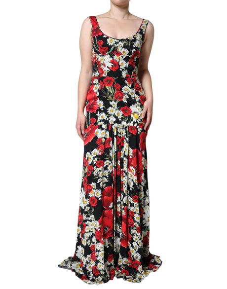 Dolce & Gabbana Black Floral Silk Sleeveless Long Gown Dress - Hilstor