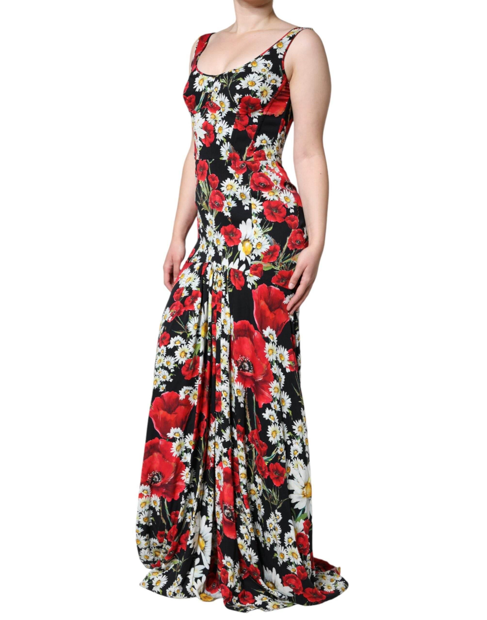 Dolce & Gabbana Black Floral Silk Sleeveless Long Gown Dress - Hilstor