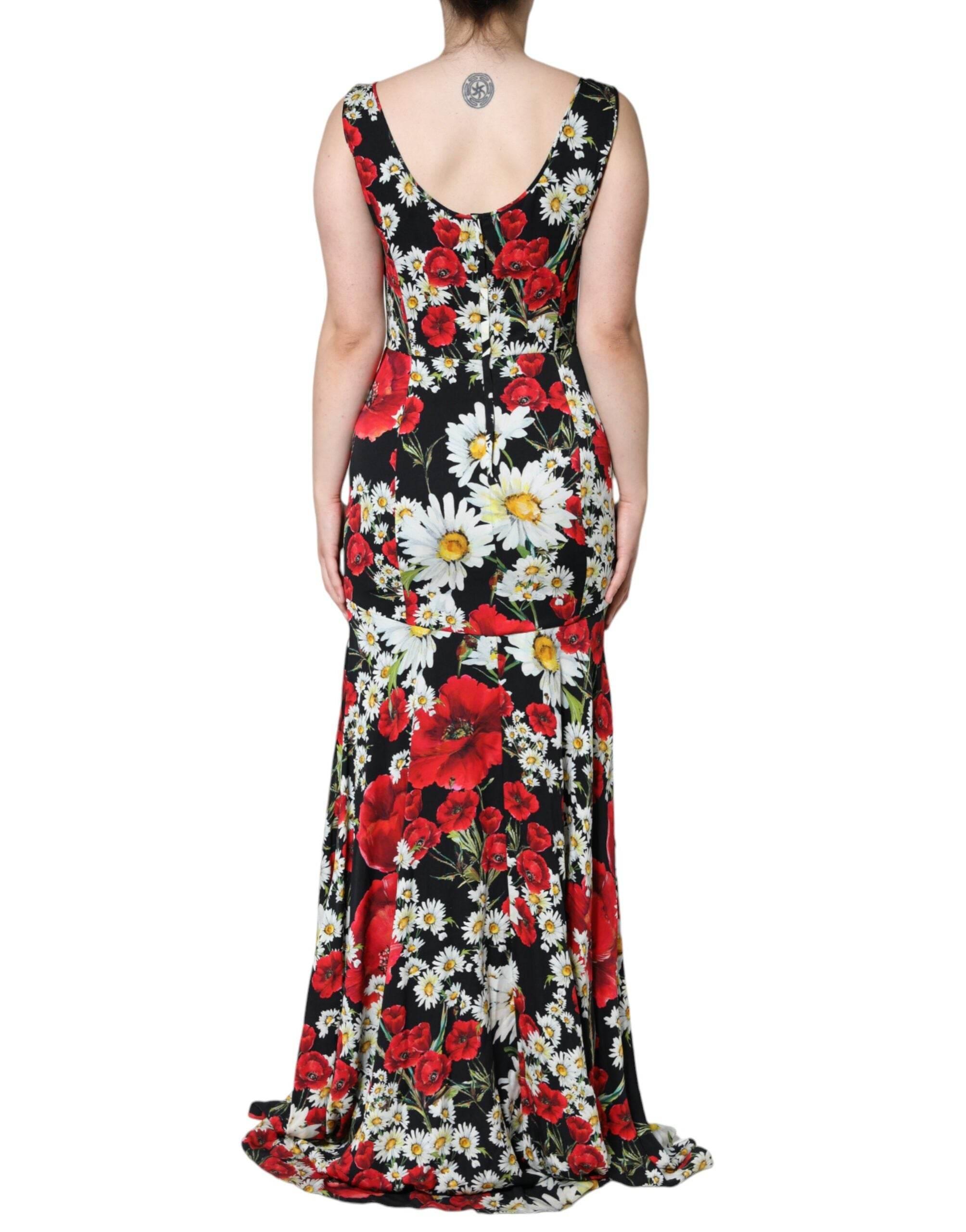 Dolce & Gabbana Black Floral Silk Sleeveless Long Gown Dress - Hilstor