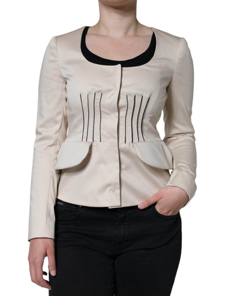 Valentino Beige Cotton Long Sleeves Round Neck Blazer Jacket - Hilstor