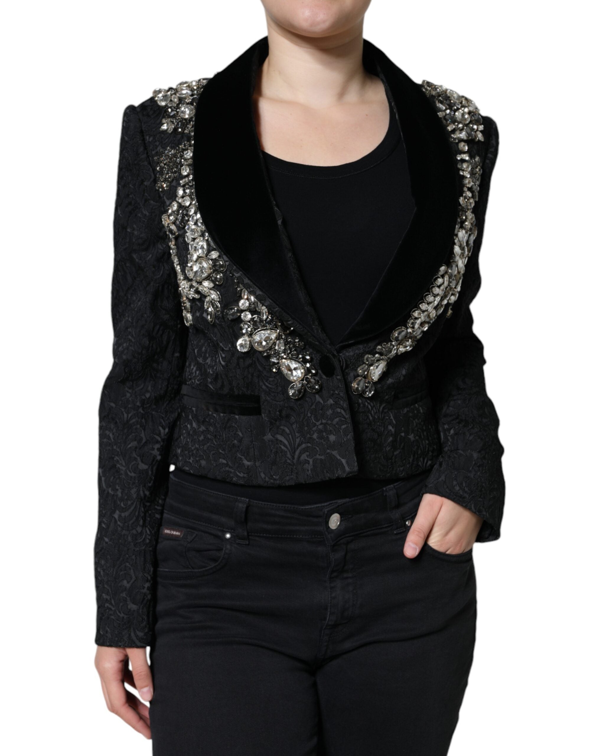 Dolce &amp; Gabbana Black Jacquard Crystal Floral Jakke Blazer