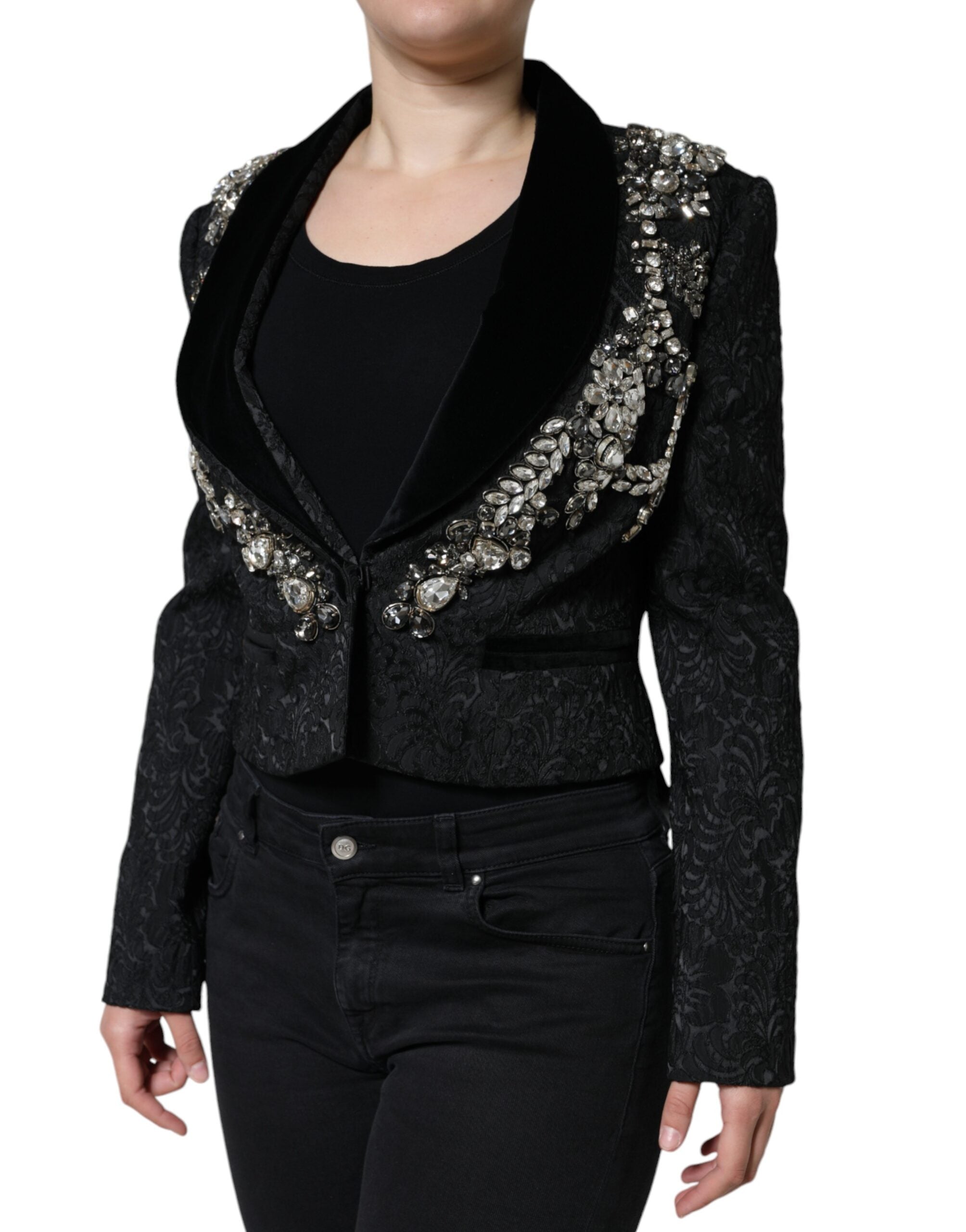 Dolce &amp; Gabbana Black Jacquard Crystal Floral Jakke Blazer