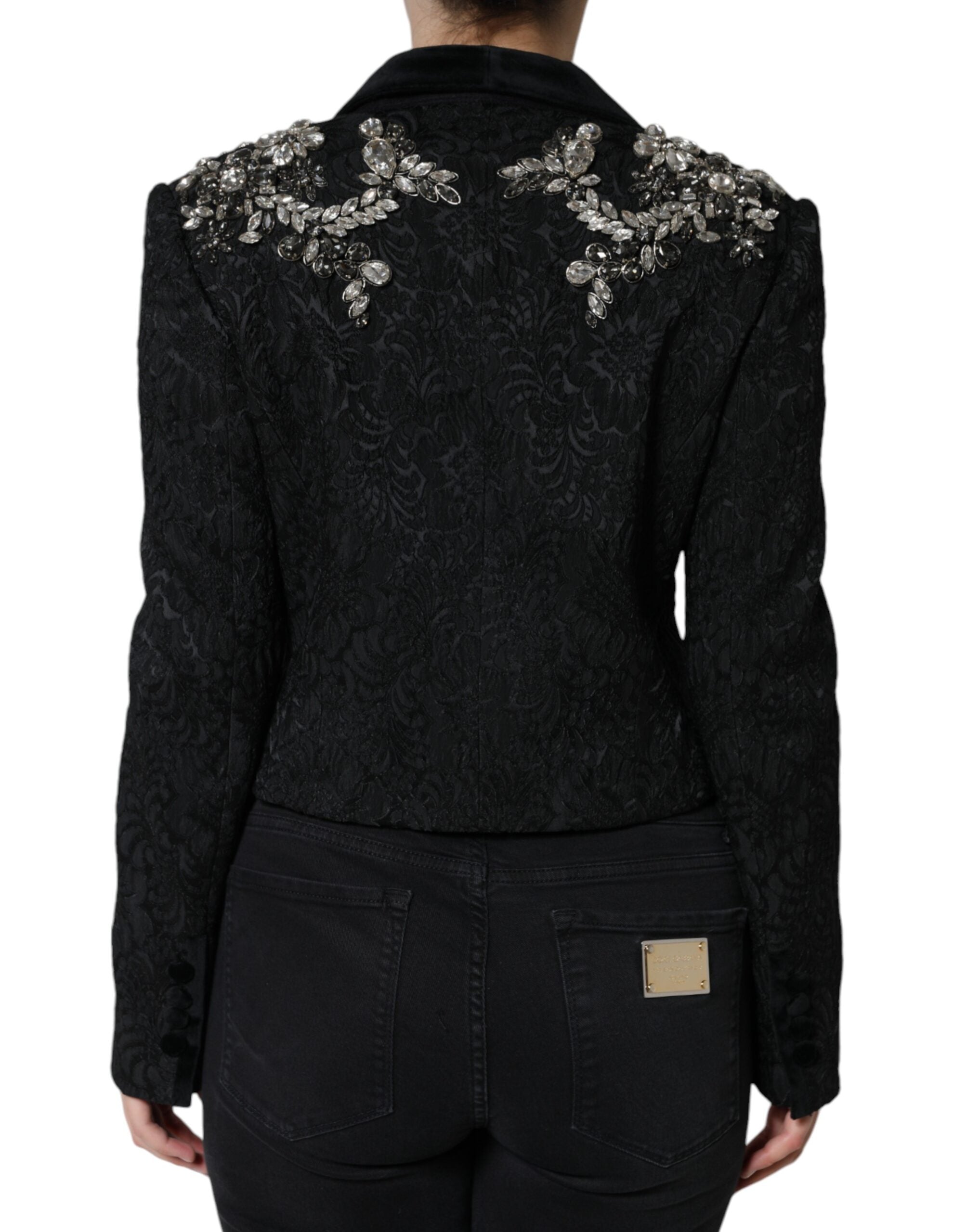 Dolce &amp; Gabbana Black Jacquard Crystal Floral Jakke Blazer